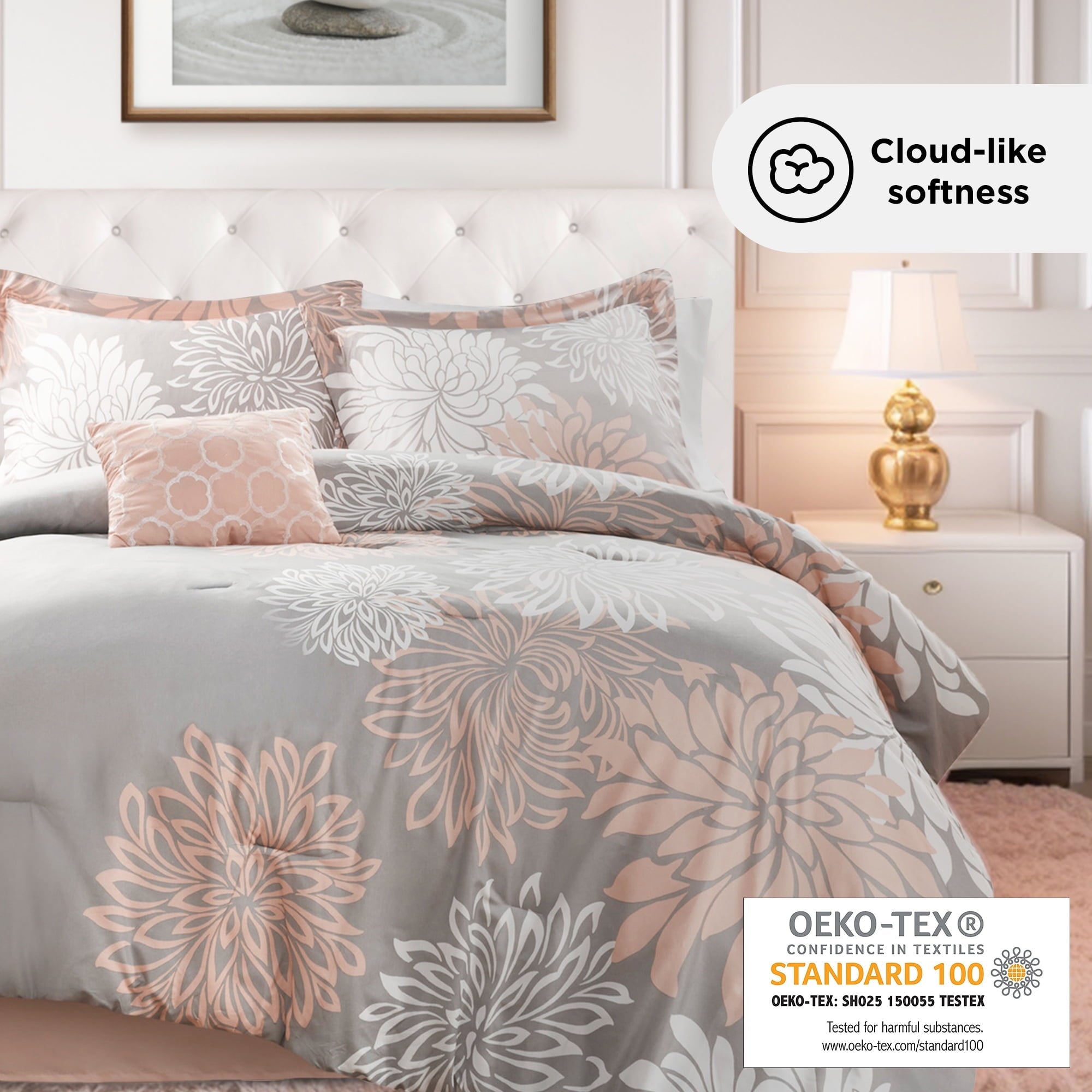 Fluffy Down Alternative King Size Comforter Set, 5-Piece Floral Bedding Set for All Season, Blush Comforter Set King with Bed Skirt - Cloud-Like Soft Lightweight Bed Comforter Detail
