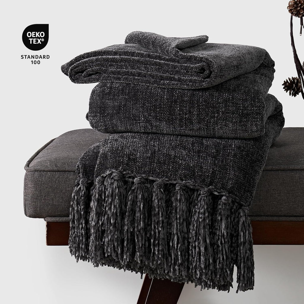 Cozy Fleece Soft Chenille Throw Blanket for Couch, Cozy Plush Fuzzy Decorative Chenille Knit Throw Blanket with Tassels, Lightwei... - Luxury Knitted Decorative Throw Blanket with Fringes Detail