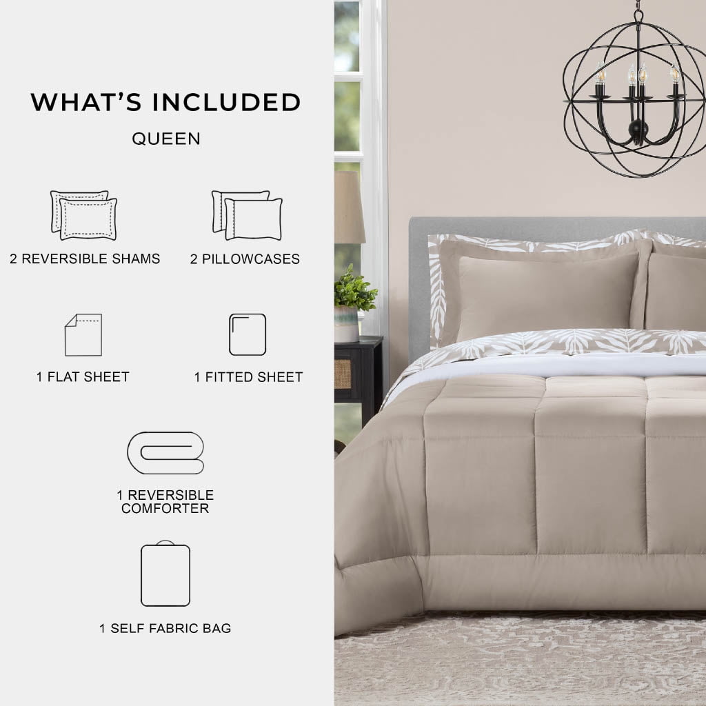 Fluffy Down Alternative All in One Reversible Comforter and Sheet Set- 7 Piece, Queen, Beige Palm - Luxurious Quilted Duvet Cover Set Detail