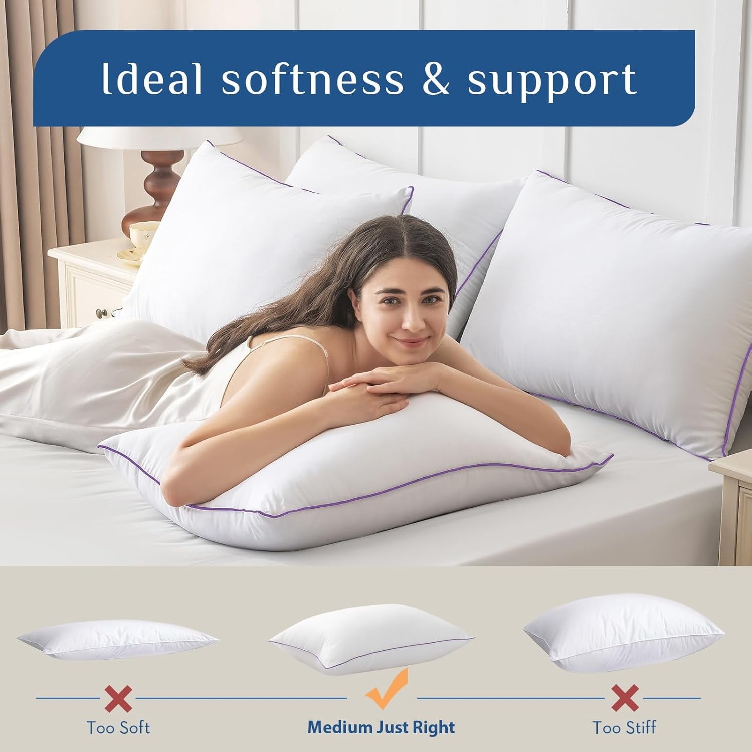Decorative Plump Set of 4, Cooling and Supportive Bed with Super Soft Down Alternative Fill, Luxury Fluffy Hotel Quality for Side, Bac... - Hotel Quality Plush Sleeping Pillows Detail