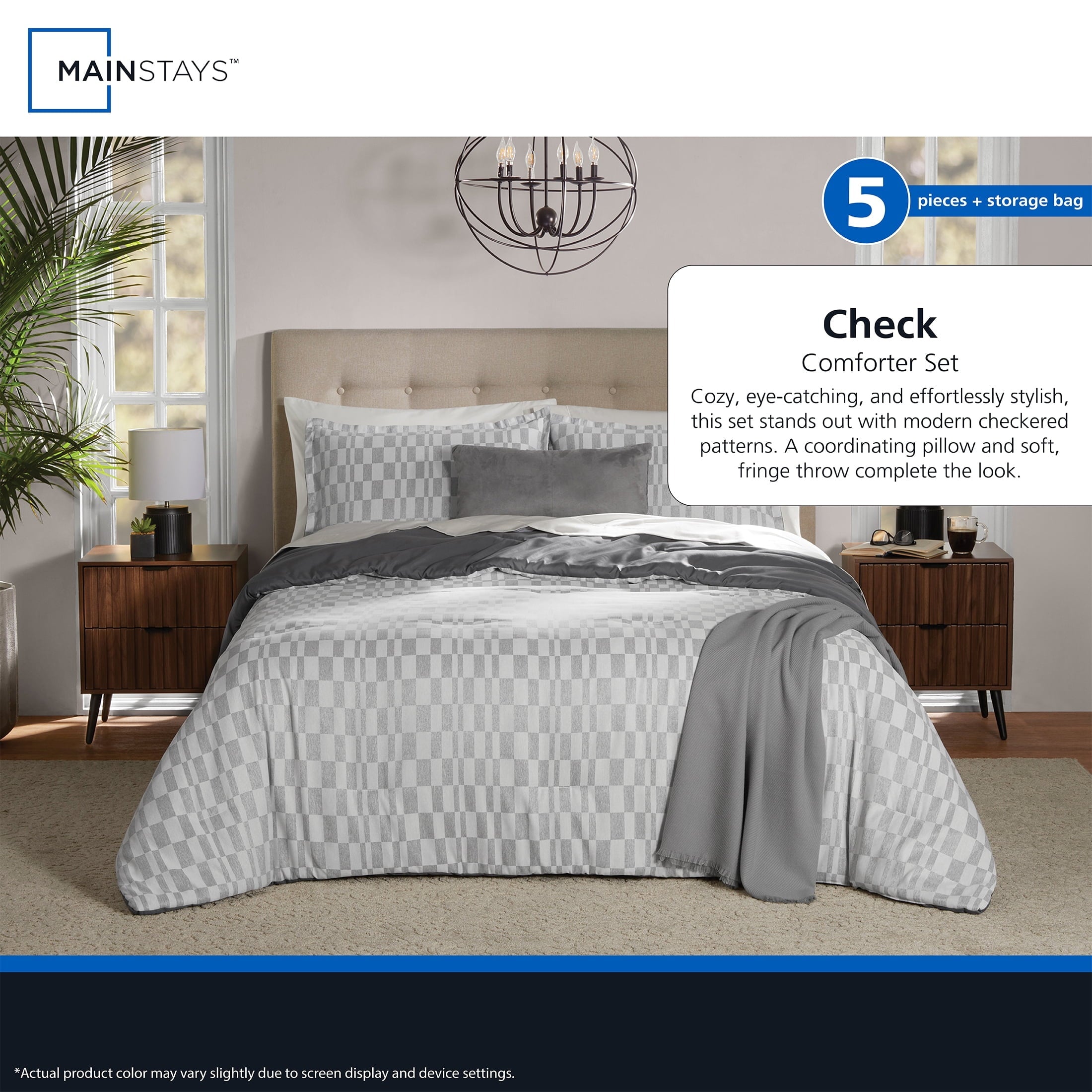 Luxurious Quilted Full/Queen Comforter Set, All-Season, 5-Piece, Soft Silver Check - Cloud-Like Soft Lightweight Bed Comforter Detail