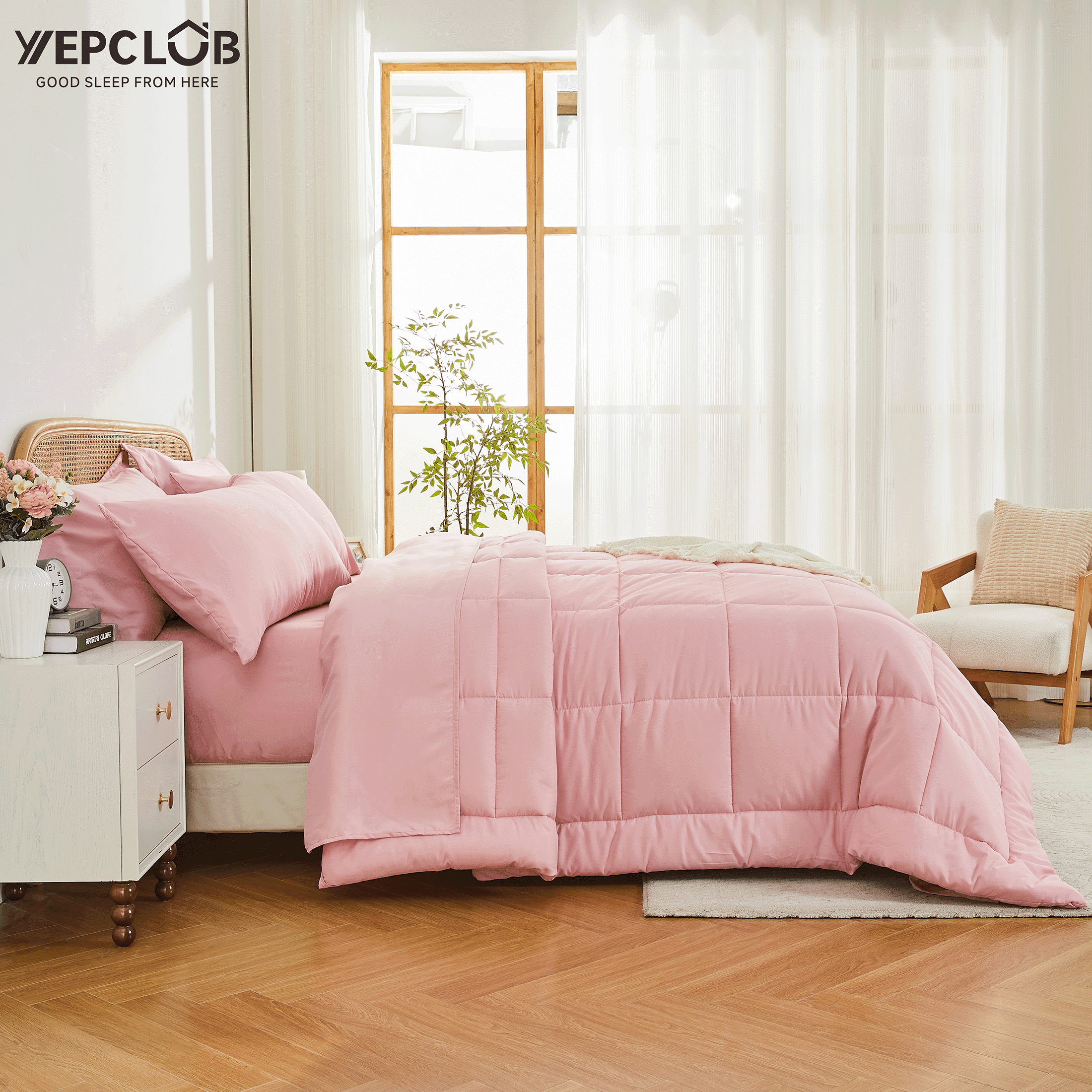 Fluffy Down Alternative 7-Piece Queen Size Comforter Set,Pink Reversible Bed in a Bag,All Season Solid Bedding Set with Sheets,Pillowcases & ... - All-Season Down Alternative Comforter Insert Detail