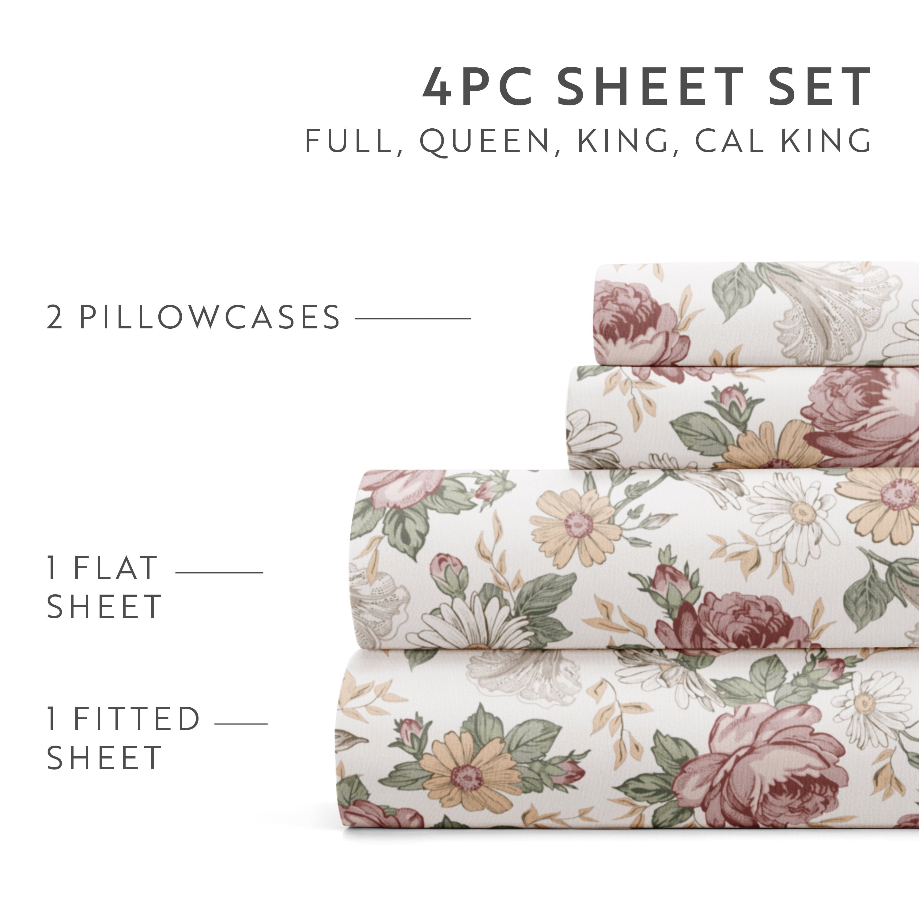 Breathable Luxury 4 Piece Pattern Microfiber Bed Sheets Set, Blooming Floral Rose, Queen - Premium Ultra-Soft Pillowcase Pair for Sleeping Detail