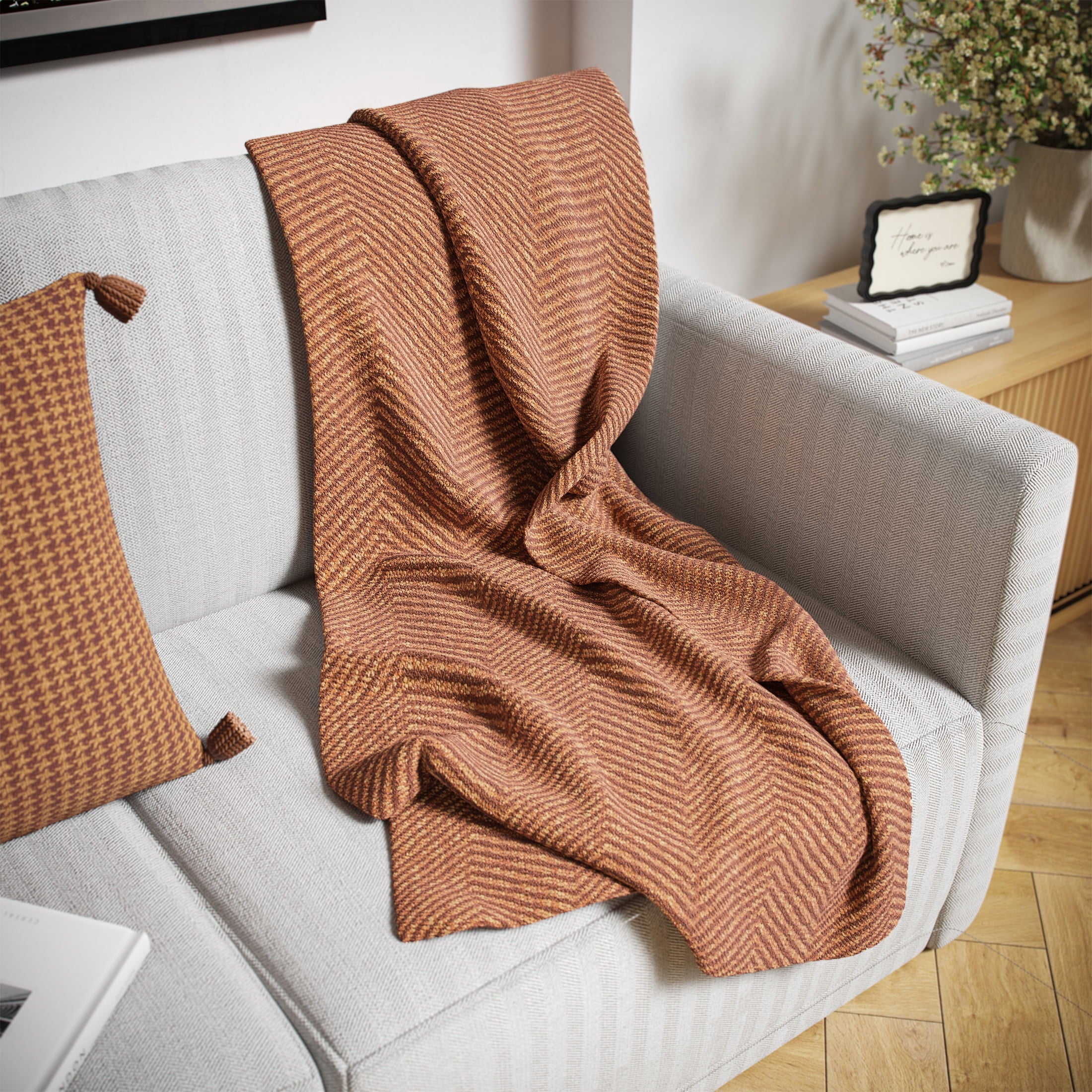 Lightweight Warm Beautiful Rust Woven Herringbone Throw , 50" x 60" - Cozy Fleece Throw Blanket for Couch & Bed Detail