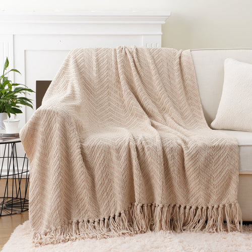 Cozy Fleece Beige Throw Blanket,Textured Knitted Tan Throws with Tassels,Neutral Sofa Bed Throws,50"x60" - Cozy Fleece Throw Blanket for Couch & Bed Detail