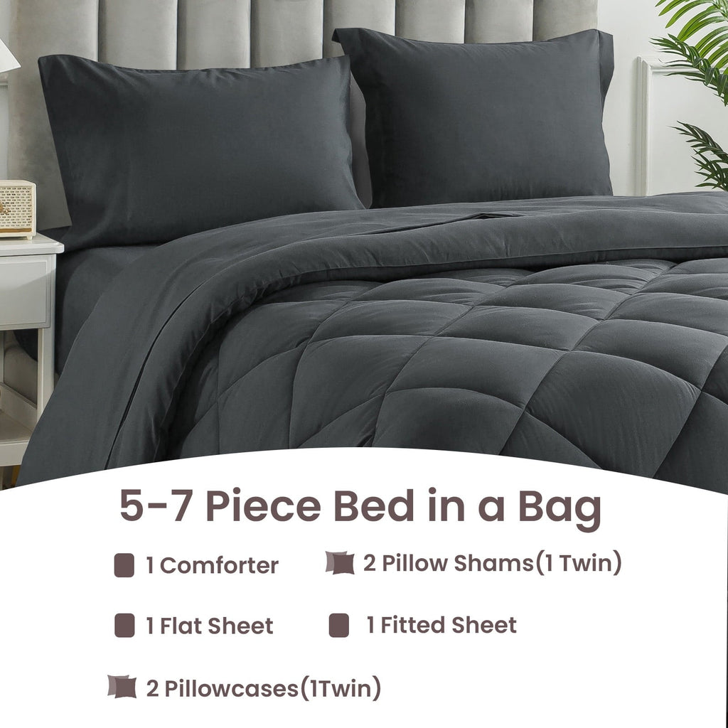 Hypoallergenic Cloud Queen Bed in a Bag Comforter Set with 7 Pieces - Dark Gray All Season Bedding Sets with Comforter, Pillow Shams, Flat... - All-Season Down Alternative Comforter Insert Detail