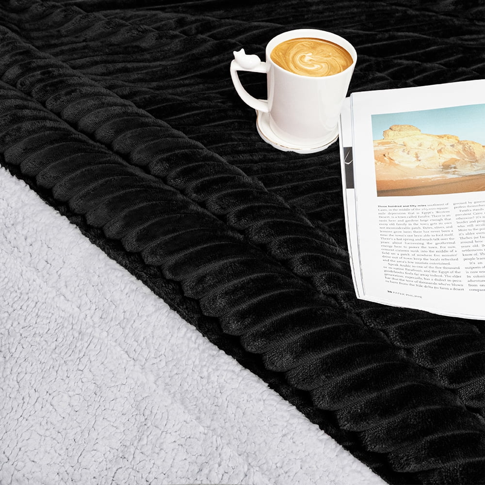 Decorative Knitted Reversible Sherpa Fleece Throw Blanket Black, Plush Flannel Throw, Ultra Soft Warm Ribbed Microfiber Blanket for Sofa... - Super Soft Reversible Sherpa Flannel Blanket Detail