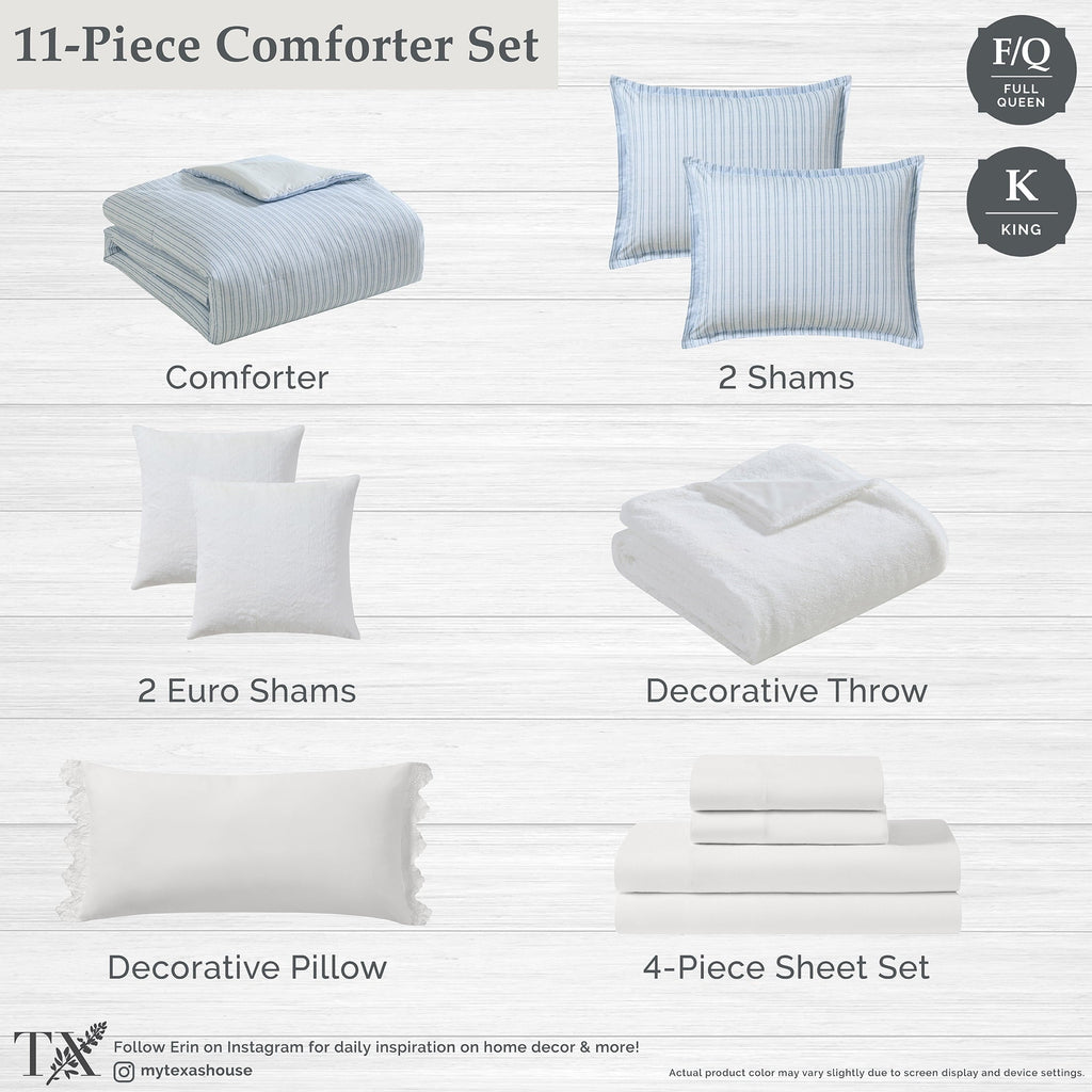 All-Season Stripe 11-Piece Comforter Set with Sheets, Blue, Queen - Luxurious Quilted Duvet Cover Set Detail
