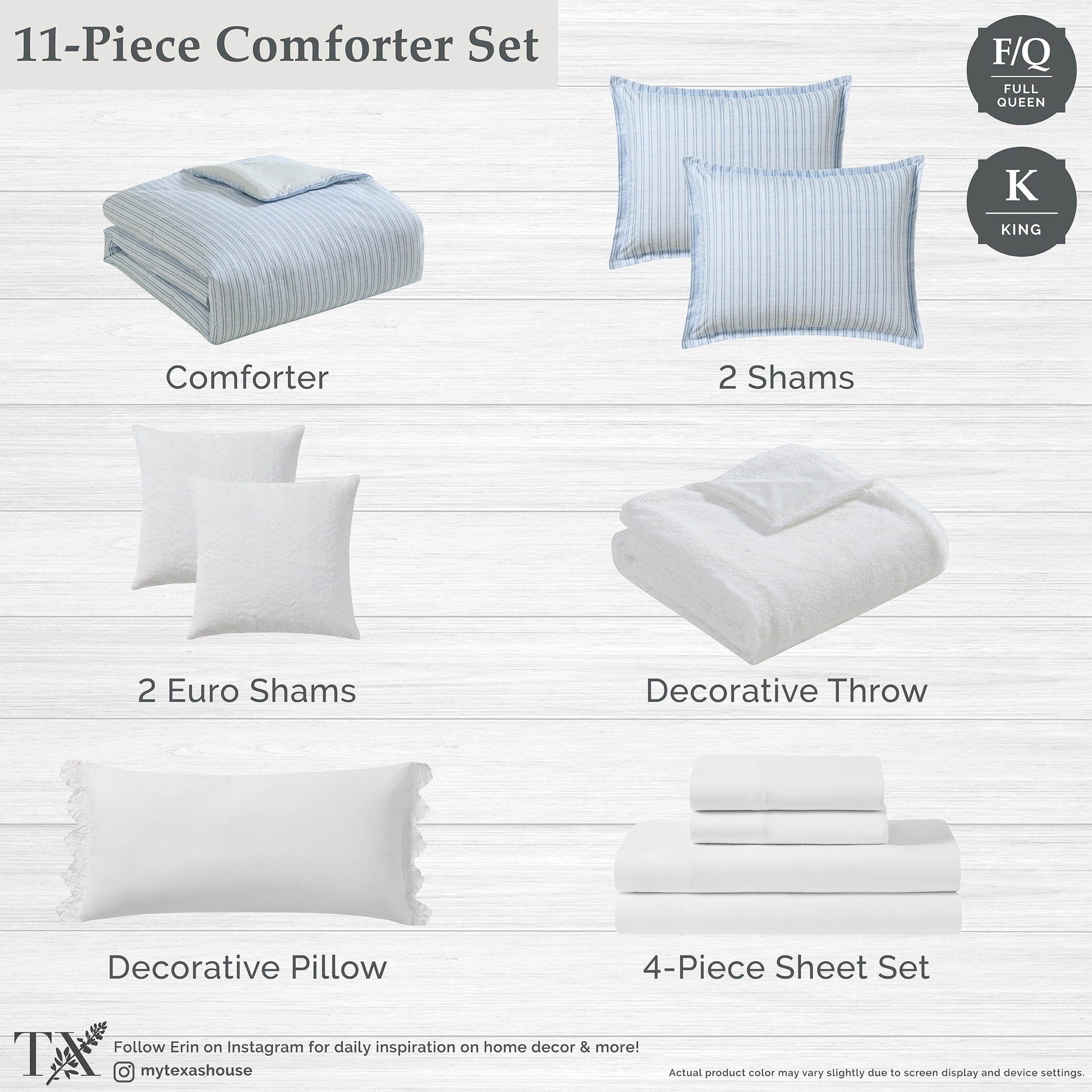 All-Season Stripe 11-Piece Comforter Set with Sheets, Blue, Queen - Luxurious Quilted Duvet Cover Set Detail