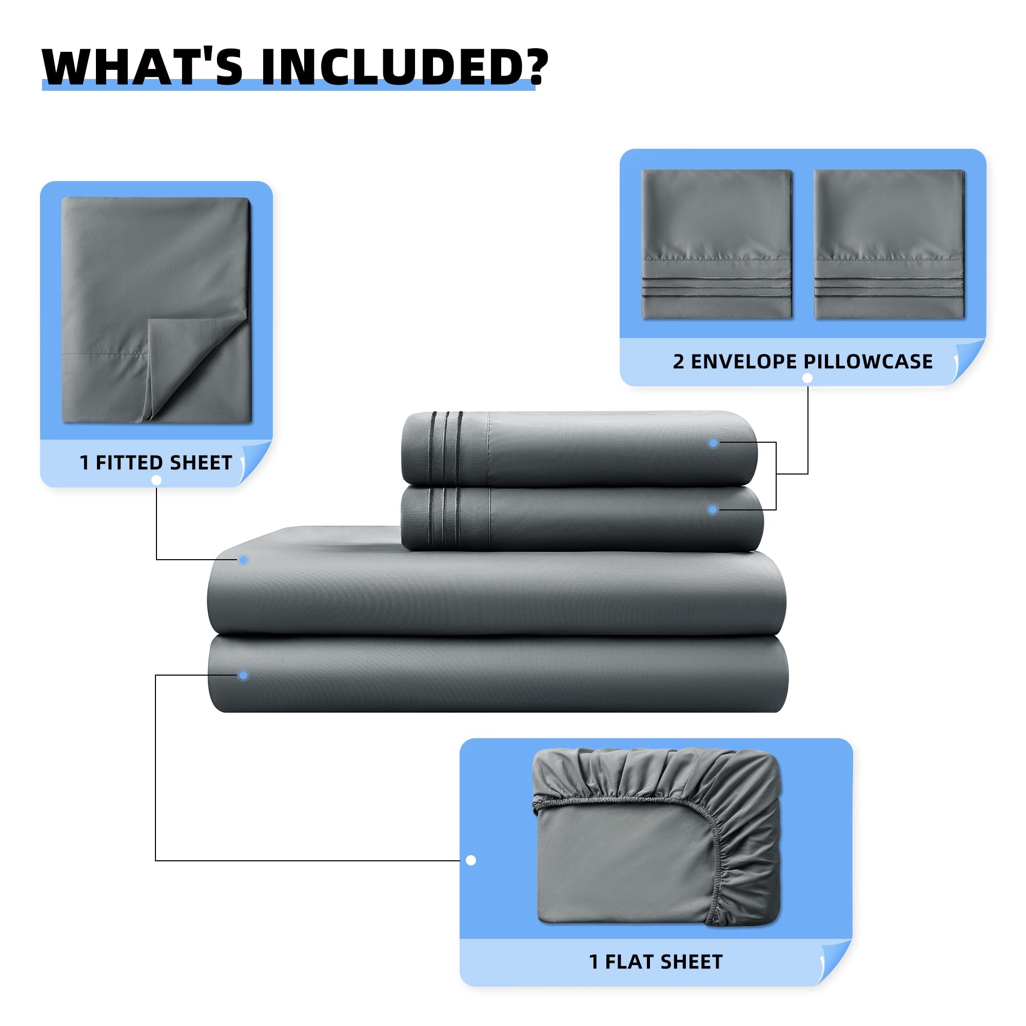 Ultra-Soft Shilucheng 4 Pieces Luxury Bed Sheets Set, Plush Microfiber Bed Sheets, 16" Deep Pocket, Queen, Dark Gray - Premium Ultra-Soft Pillowcase Pair for Sleeping Detail