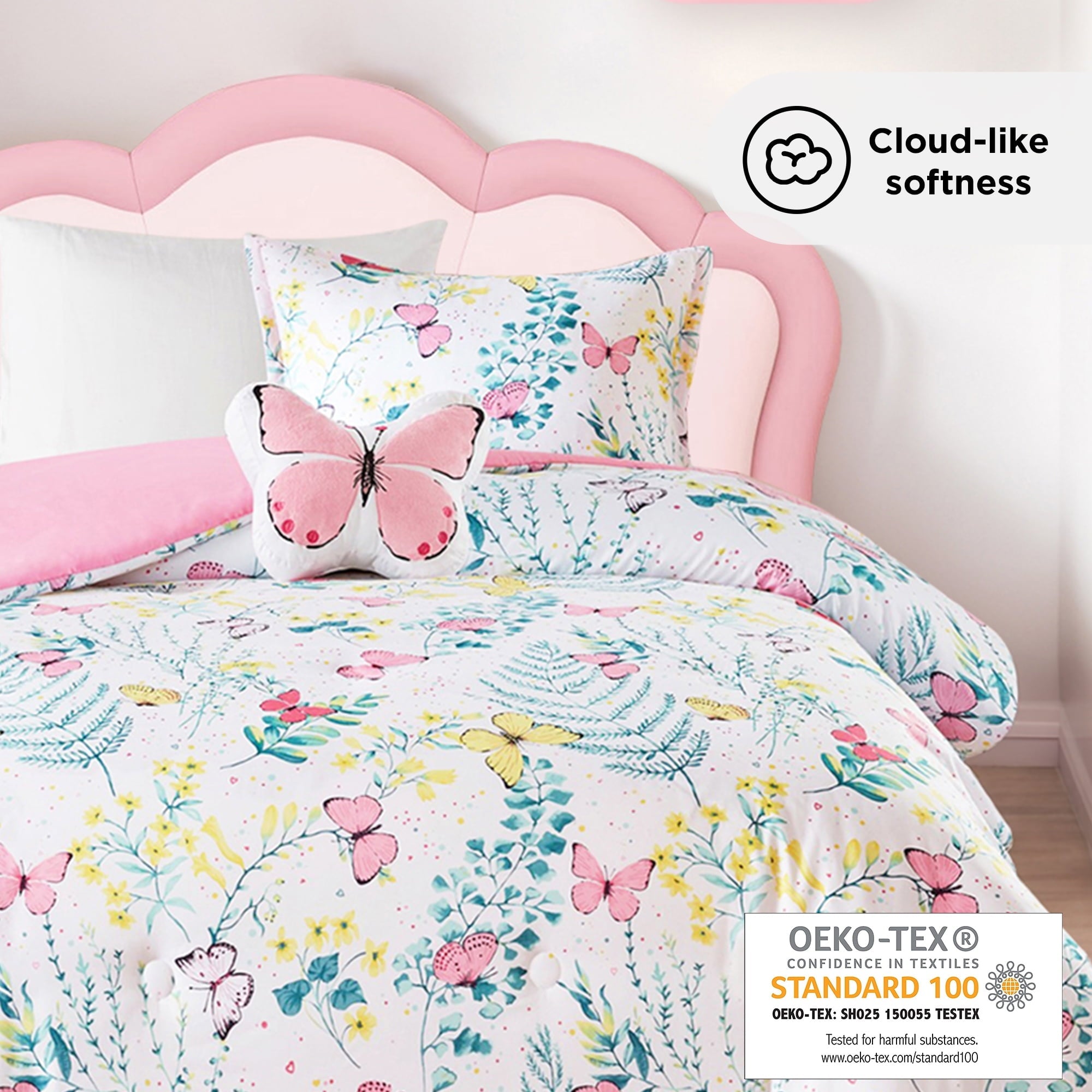 Heavyweight Warmth Full/Queen Size Comforter Sets, 4-Piece Kids Bedding Set for Girls, Butterfly Floral Comforter Bed Set, White/Pink - All-Season Down Alternative Comforter Insert Detail