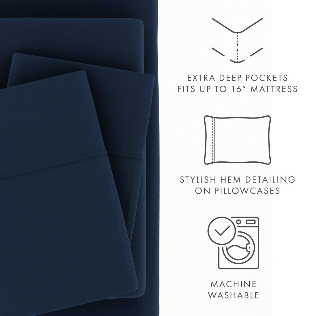 Premium Egyptian Cotton 4 Piece Solid Microfiber Bed Sheet Set, Navy, Queen - Breathable Egyptian Cotton Flat & Fitted Sheets Detail