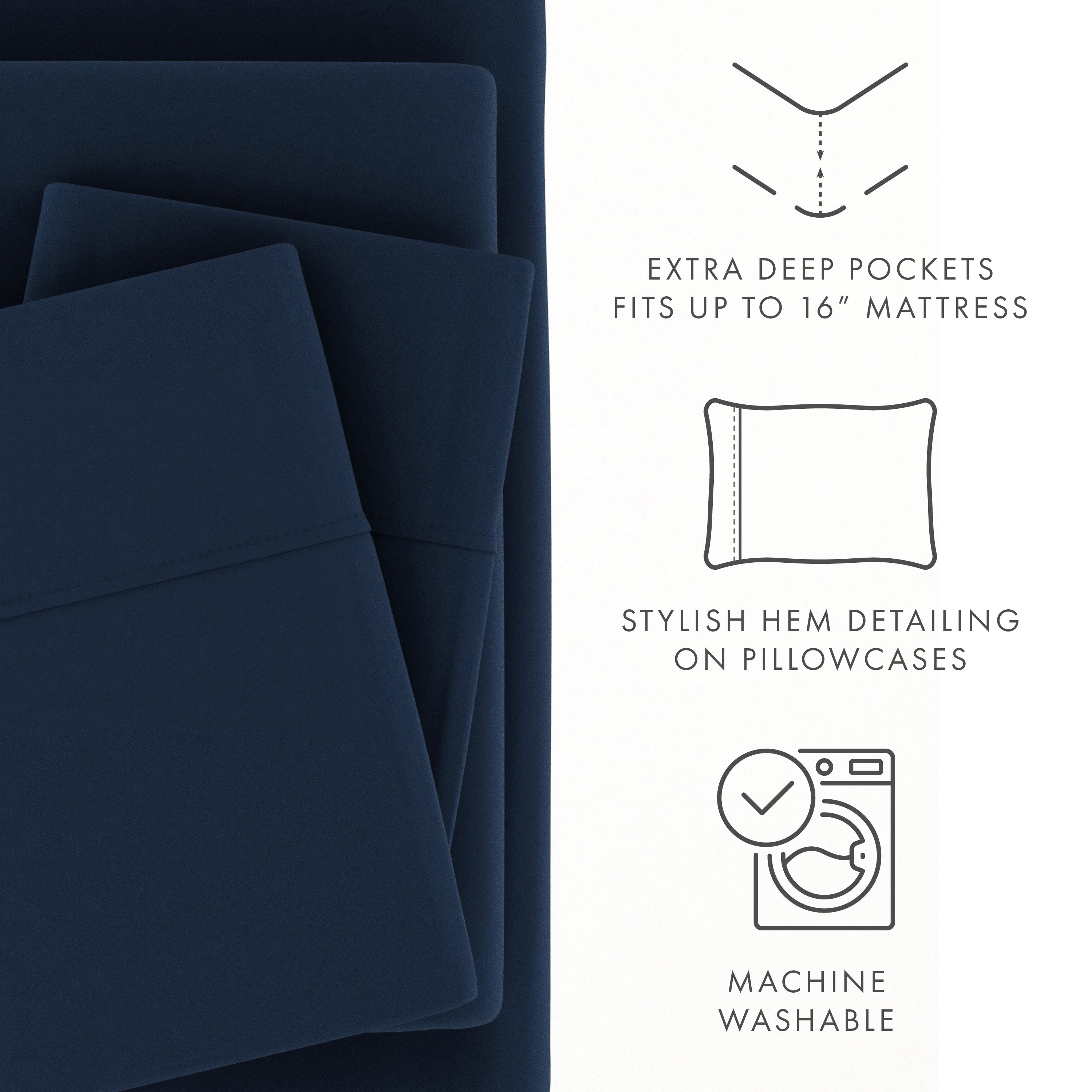Premium Egyptian Cotton 4 Piece Solid Microfiber Bed Sheet Set, Navy, Queen - Breathable Egyptian Cotton Flat & Fitted Sheets Detail