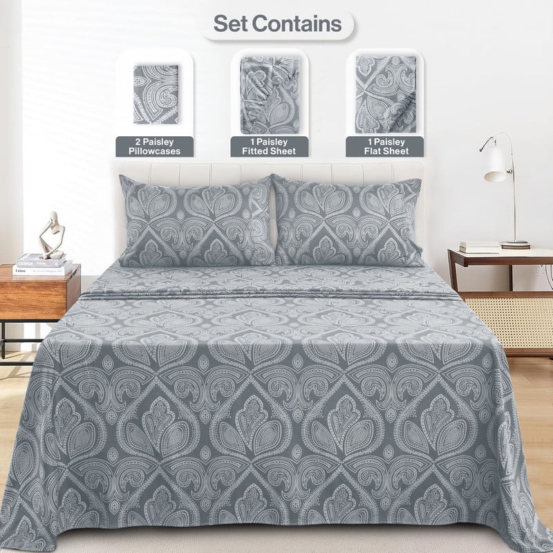 Ultra-Soft Lux Decor 4 Piece Queen Sheet Set, Brushed Microfiber Paisley Printed Bed Sheet Set with up to 16" Deep Pocket Fitted... - Cooling Hotel Quality Bedding Sheets and Pillowcases Detail