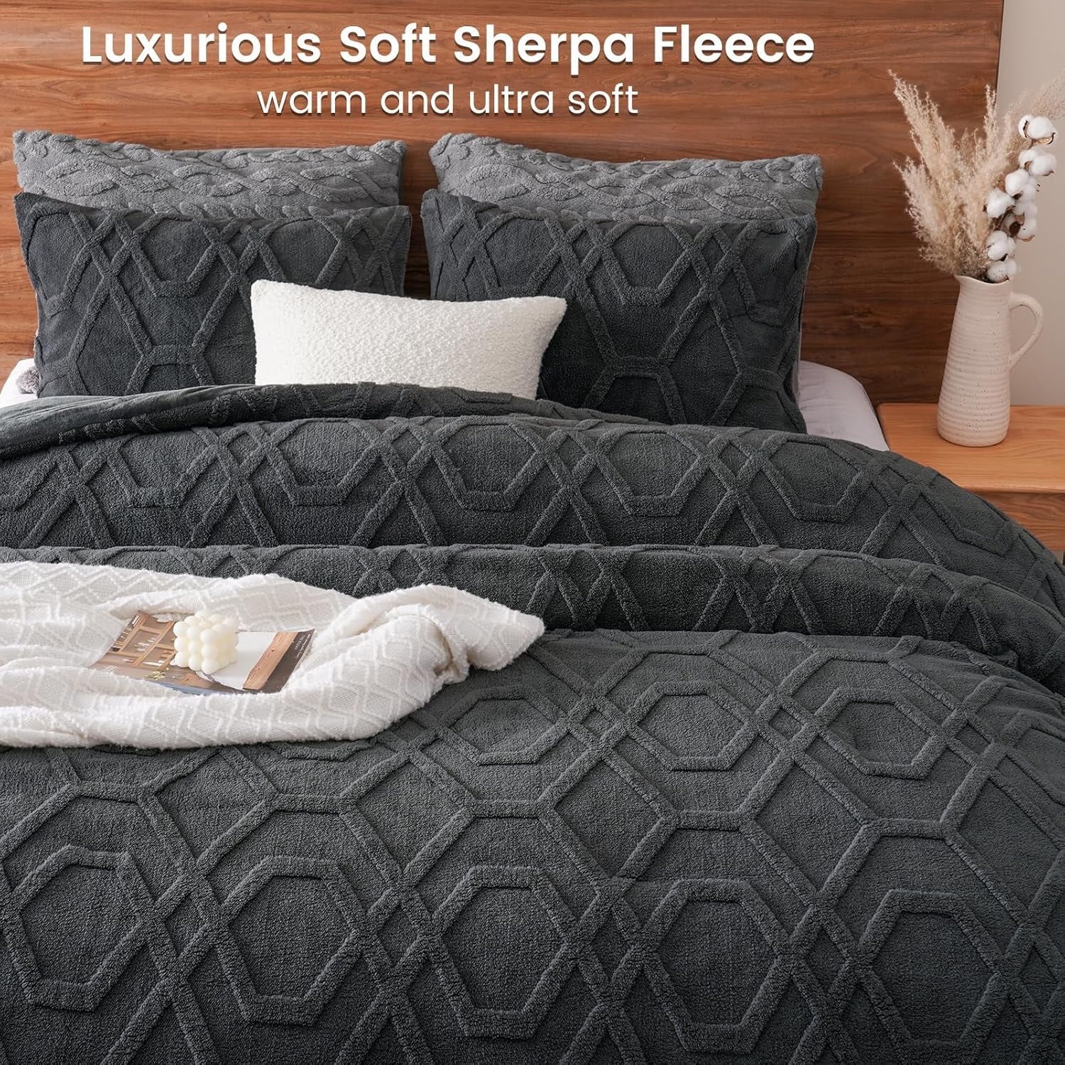 Fluffy Down Alternative Warm Sherpa Fleece Queen Comforter Set, 3D Tufted Fluffy Dark Grey Bedding for Winter, Soft 3 Pieces Shaggy Bed Set, ... - All-Season Down Alternative Comforter Insert Detail