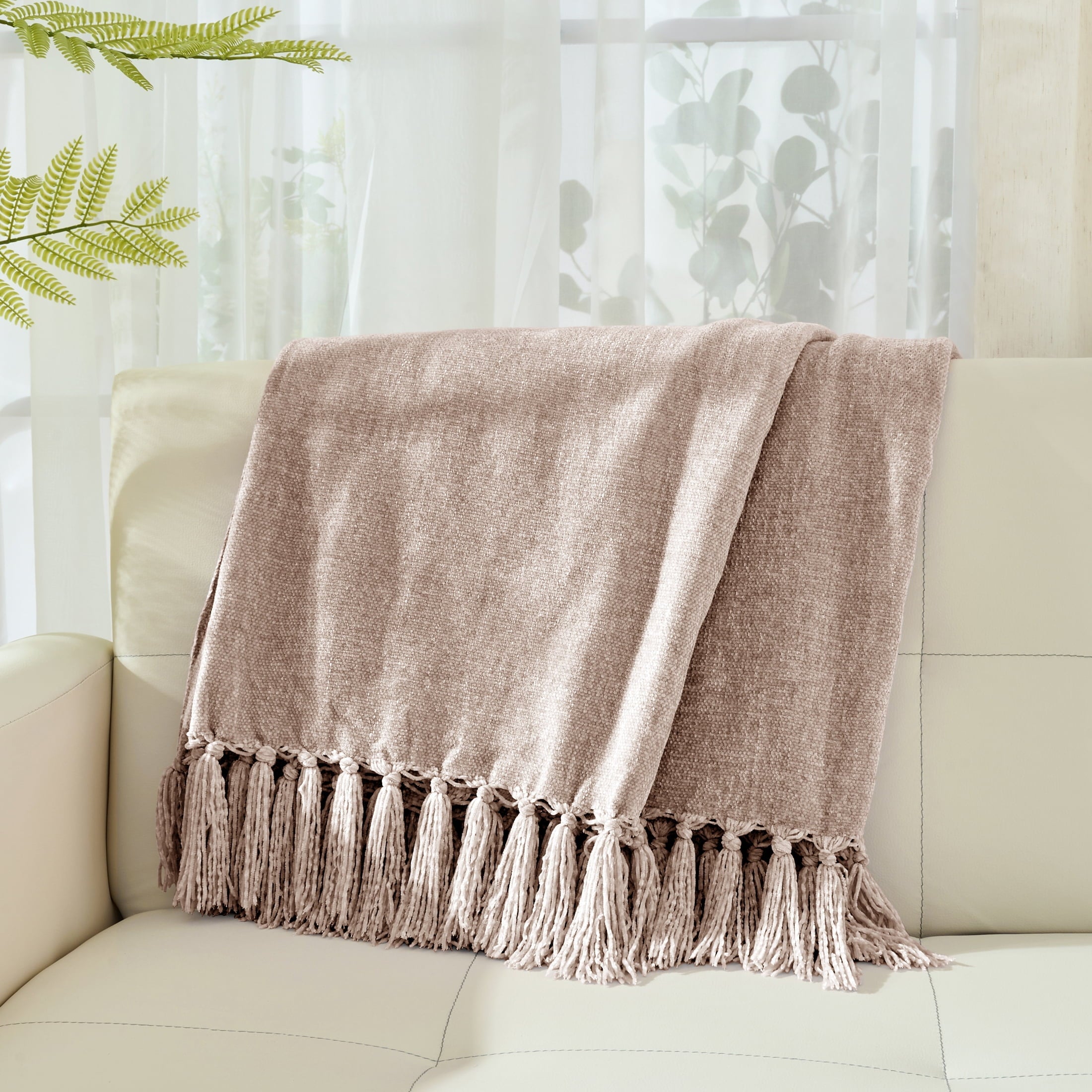 Decorative Knitted Chenille Throw Blanket with Fringe Tassel for Couch Sofa Chair Bed, Taupe 50" X 60" - Super Soft Reversible Sherpa Flannel Blanket Detail