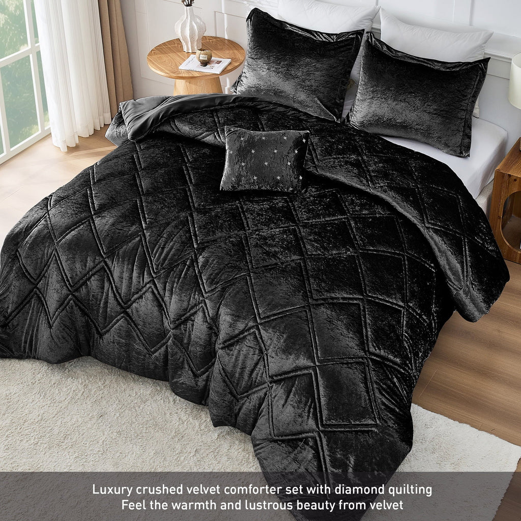 All-Season King/Cal King Size Comforter Sets, Velvet Bedding Comforter Set for All Seasons, Black Bedding Set with Decor Pillow - Hypoallergenic Ultra-Fluffy Quilt for Winter Detail