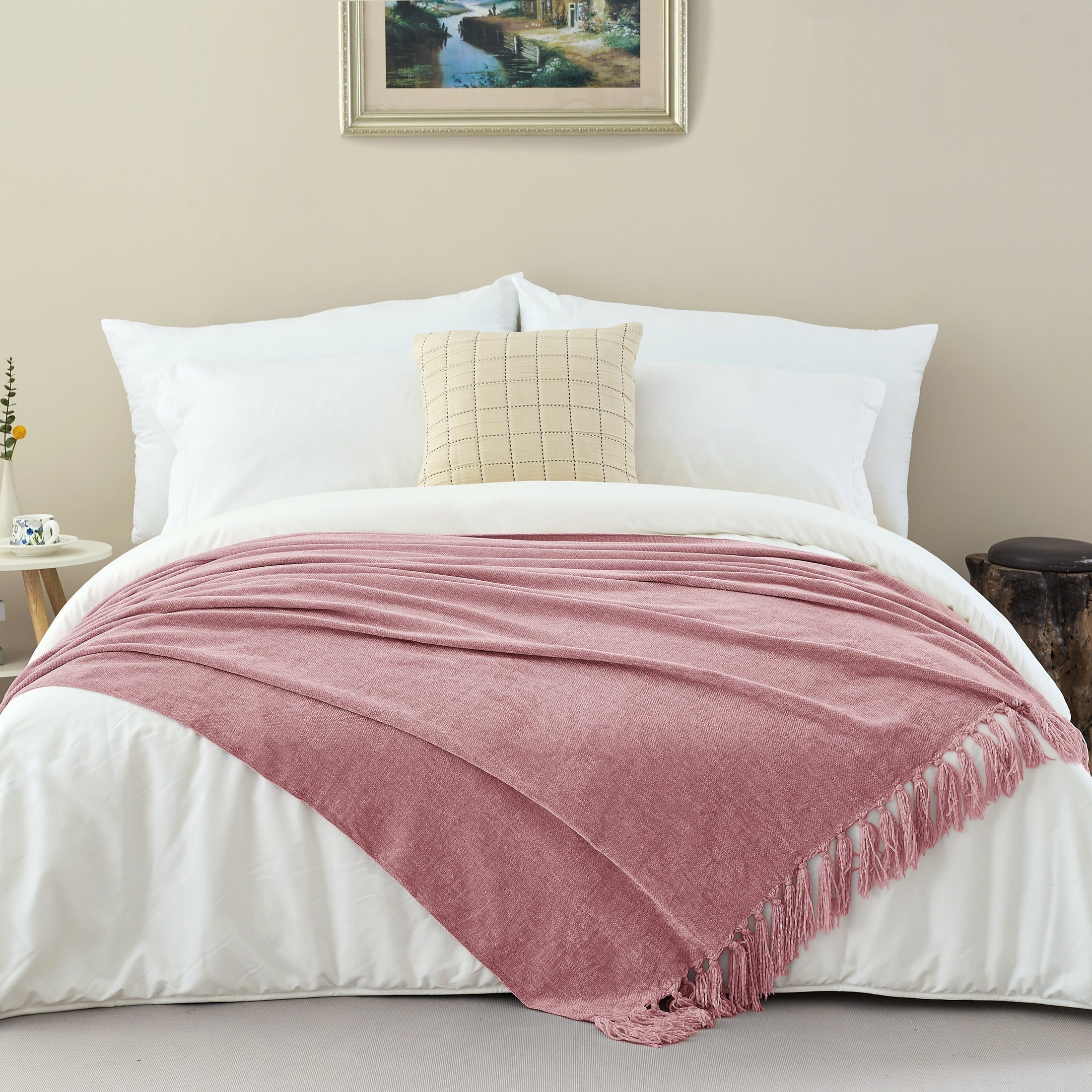 Super Soft Flannel Chenille Throw Blanket with Fringe Tassel for Couch Sofa Chair Bed, Mauve 50" X 70" - Cozy Fleece Throw Blanket for Couch & Bed Detail