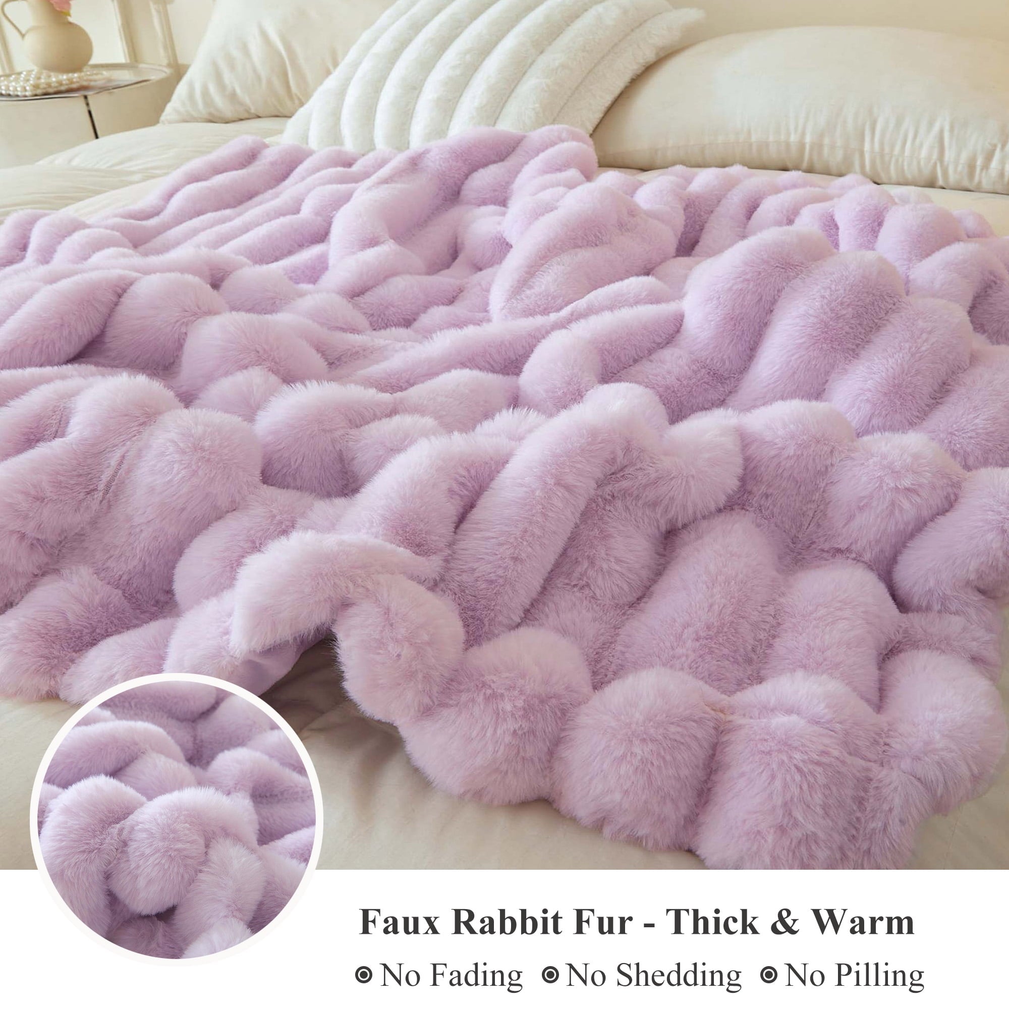 Lightweight Warm Fluffy Faux Rabbit Fur Throw, Cozy Wide Stripe Plush Fuzzy Blanket for Bed Couch Sofa Chair, Light Purple Shaggy Thro... - Cozy Fleece Throw Blanket for Couch & Bed Detail