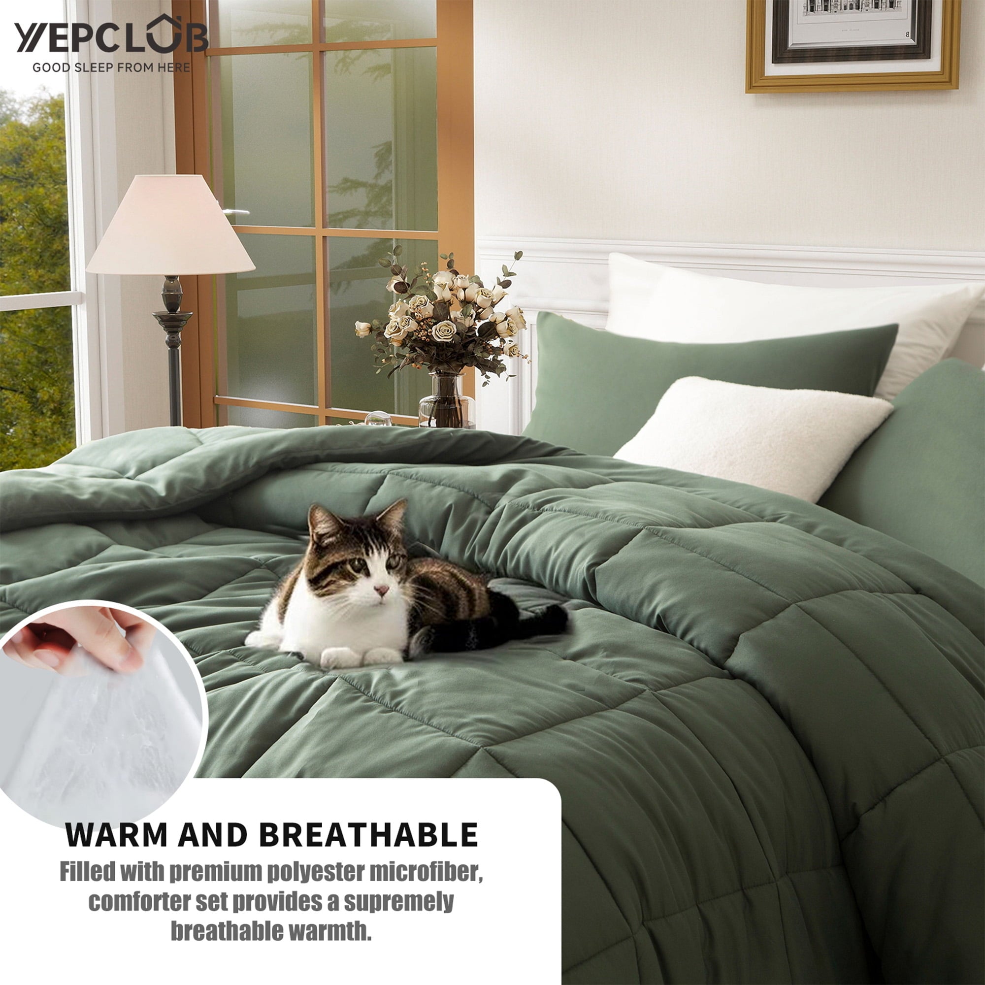 All-Season 3-Piece Twin Size Comforter Set, Green Down Alternative Reversible Bedding Set, All-Season Quilted Soft Comforter wit... - Cloud-Like Soft Lightweight Bed Comforter Detail