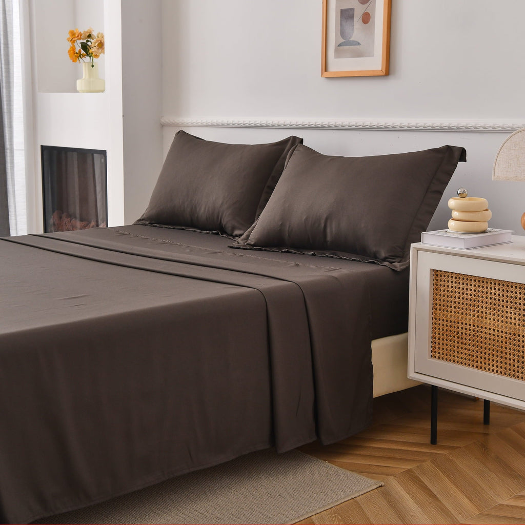 Breathable Luxury Bed Sheets Set 4 Piece Queen/Full Sheet Set Brown Gray Cotton Blend Fitted Sheet, Flat Sheet & 2 Pillowcases Bedding Set - Breathable Egyptian Cotton Flat & Fitted Sheets Detail