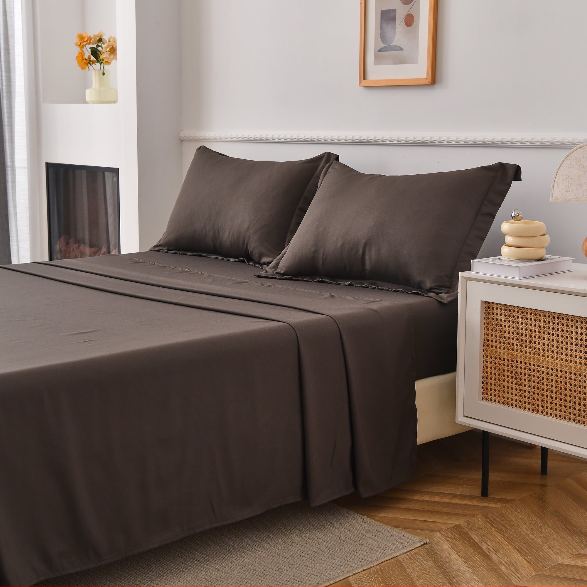 Breathable Luxury Bed Sheets Set 4 Piece Queen/Full Sheet Set Brown Gray Cotton Blend Fitted Sheet, Flat Sheet & 2 Pillowcases Bedding Set - Breathable Egyptian Cotton Flat & Fitted Sheets Detail