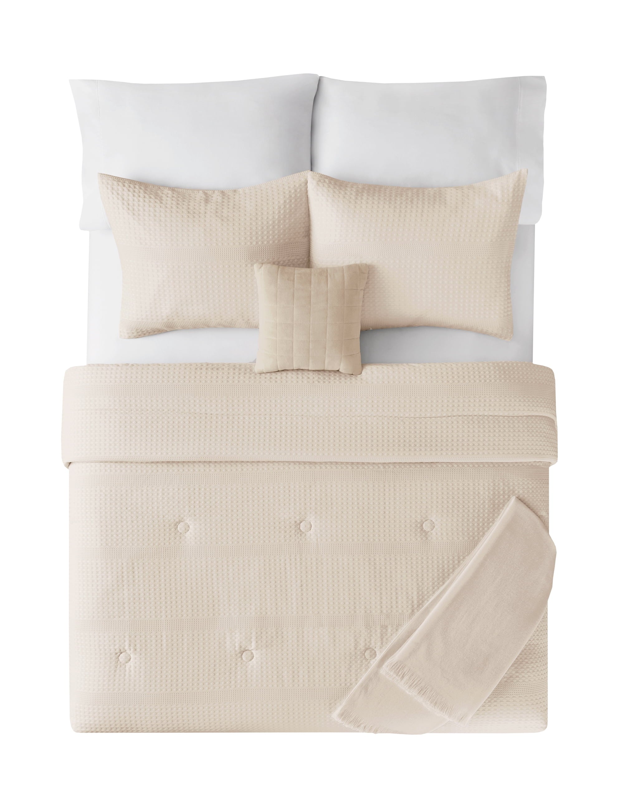 Fluffy Down Alternative 5-Piece Papyrus Beige Waffle Comforter Set, Full/Queen - Hypoallergenic Ultra-Fluffy Quilt for Winter Detail