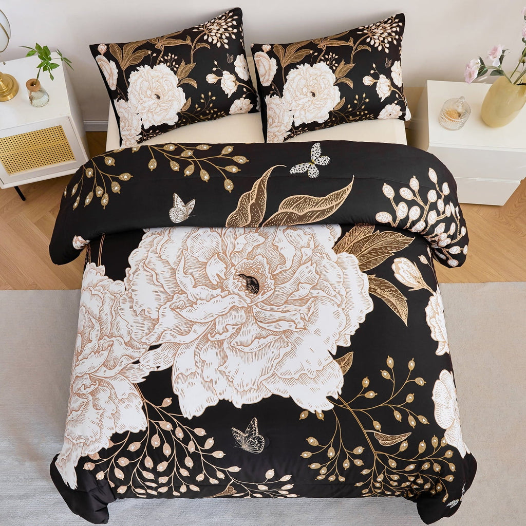 Luxurious Quilted Black Floral Comforter Set Queen, Printed Comforter White Flowers Butterfly Bedding Set, 3 Pieces Botanical Reversibl... - All-Season Down Alternative Comforter Insert Detail