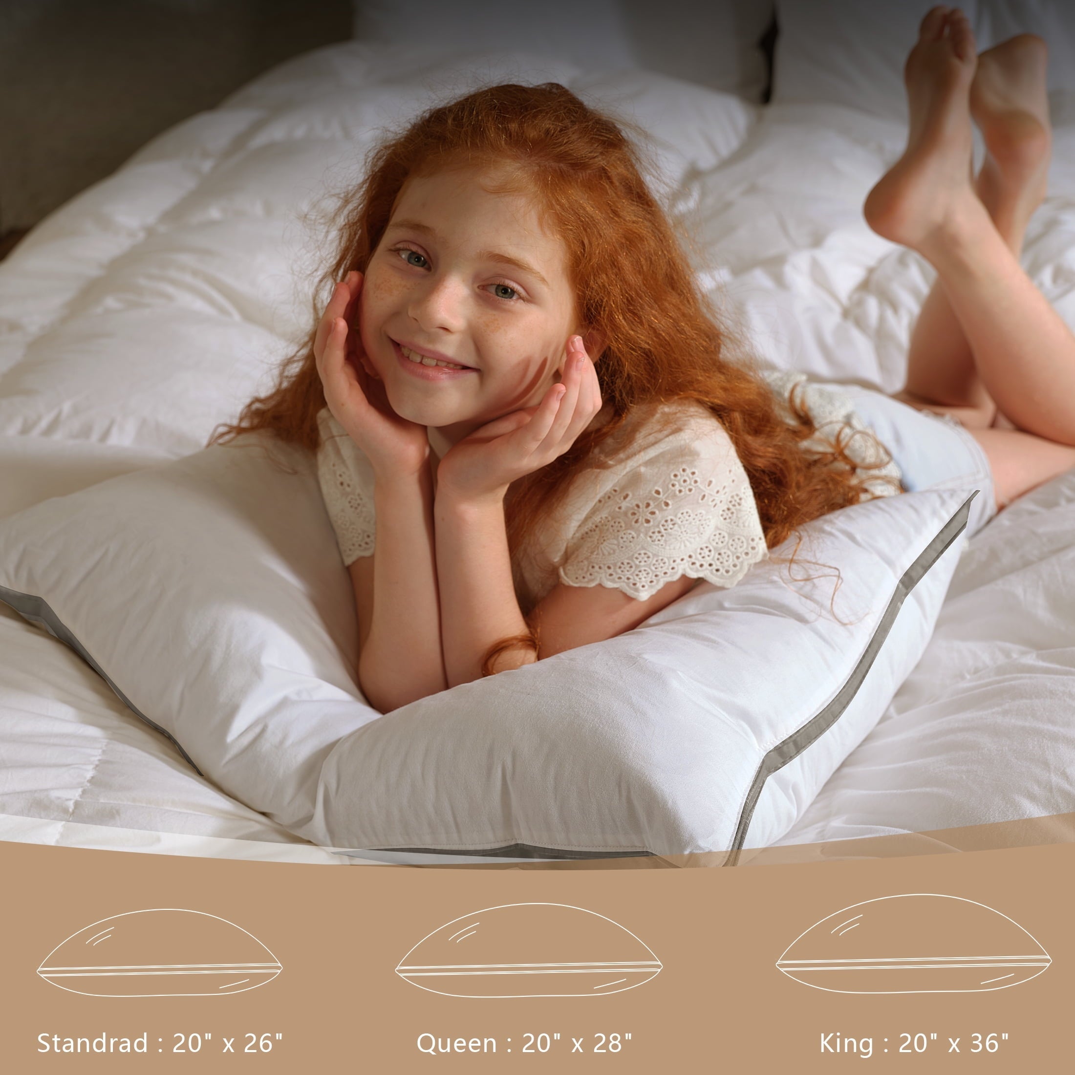 Decorative Plump Goose Feather Down Pillows Queen Size Set of 2, 100% Cotton Cover Hotel Collection Bed Pillows，20"x28" - Orthopedic Shredded Foam Bed Pillow Set Detail