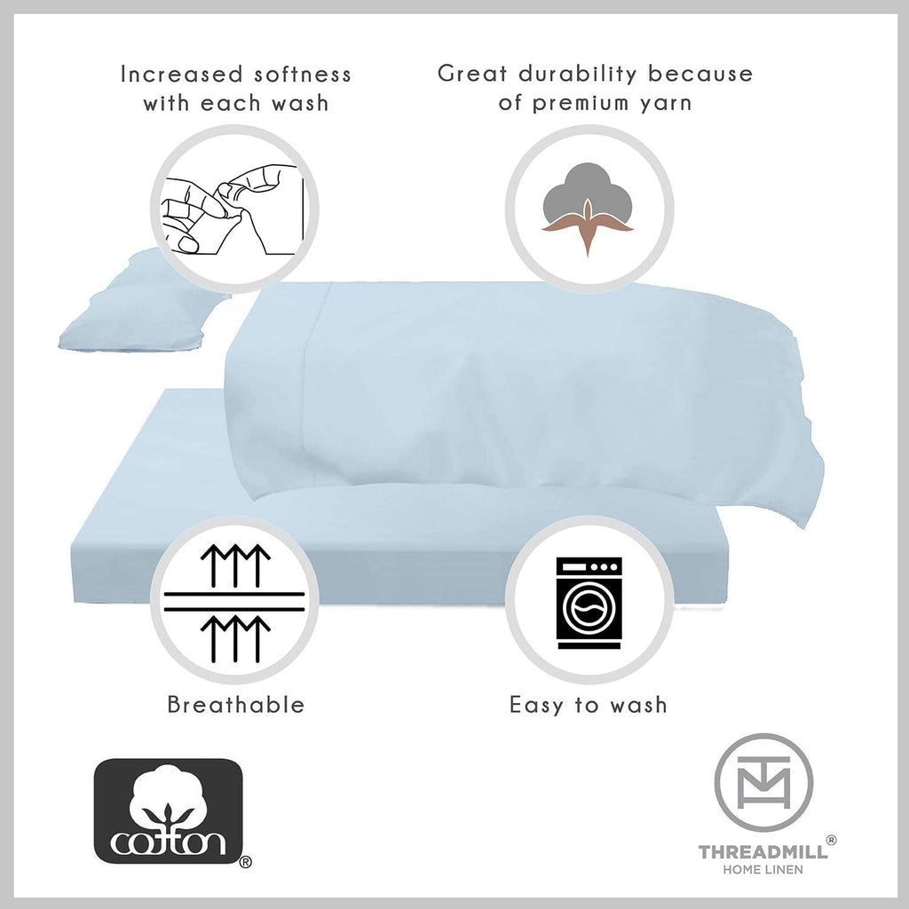 Cooling Sateen 100% Cotton King Bed Sheets Set - 4-Piece, 300 Thread Count, Lightweight Sateen, Light Blue - Cooling Hotel Quality Bedding Sheets and Pillowcases Detail