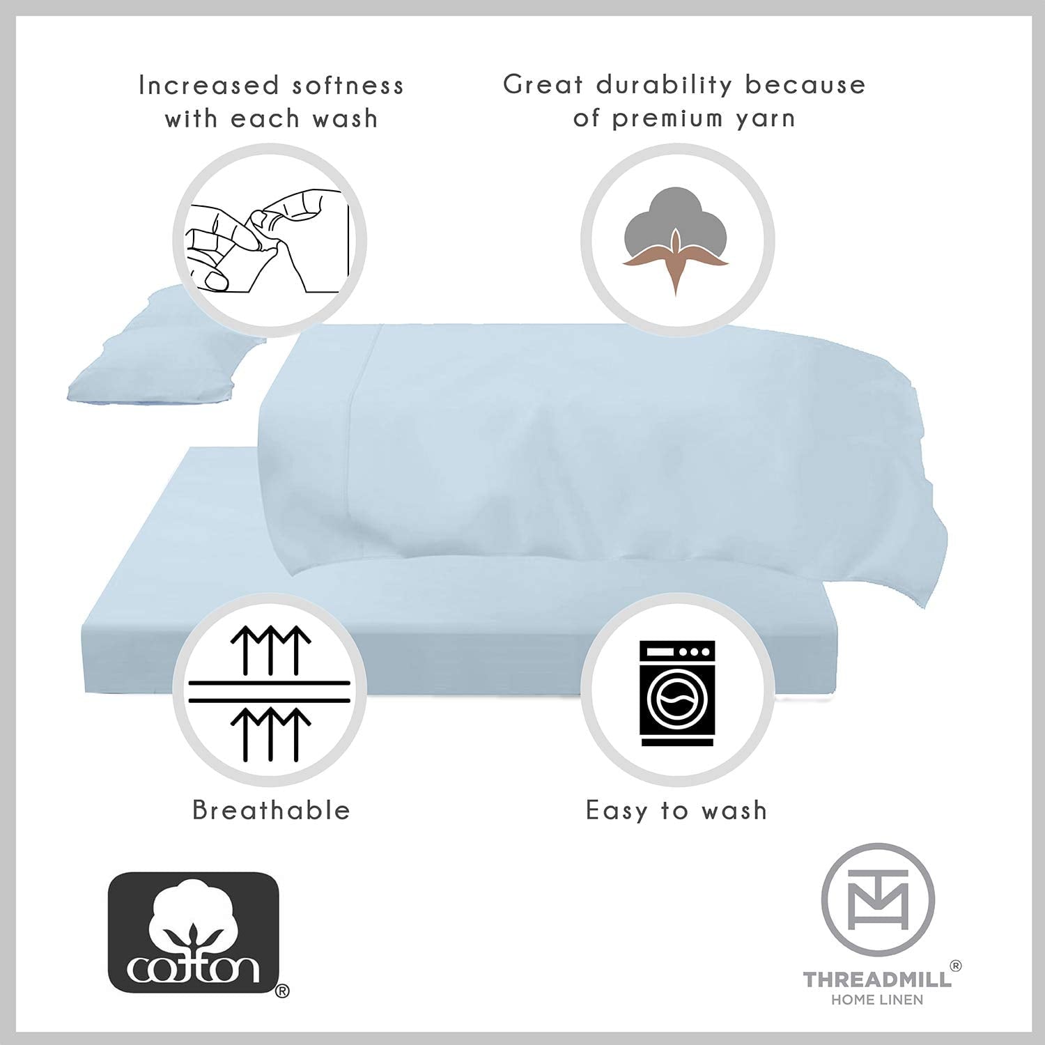 Cooling Sateen 100% Cotton King Bed Sheets Set - 4-Piece, 300 Thread Count, Lightweight Sateen, Light Blue - Cooling Hotel Quality Bedding Sheets and Pillowcases Detail