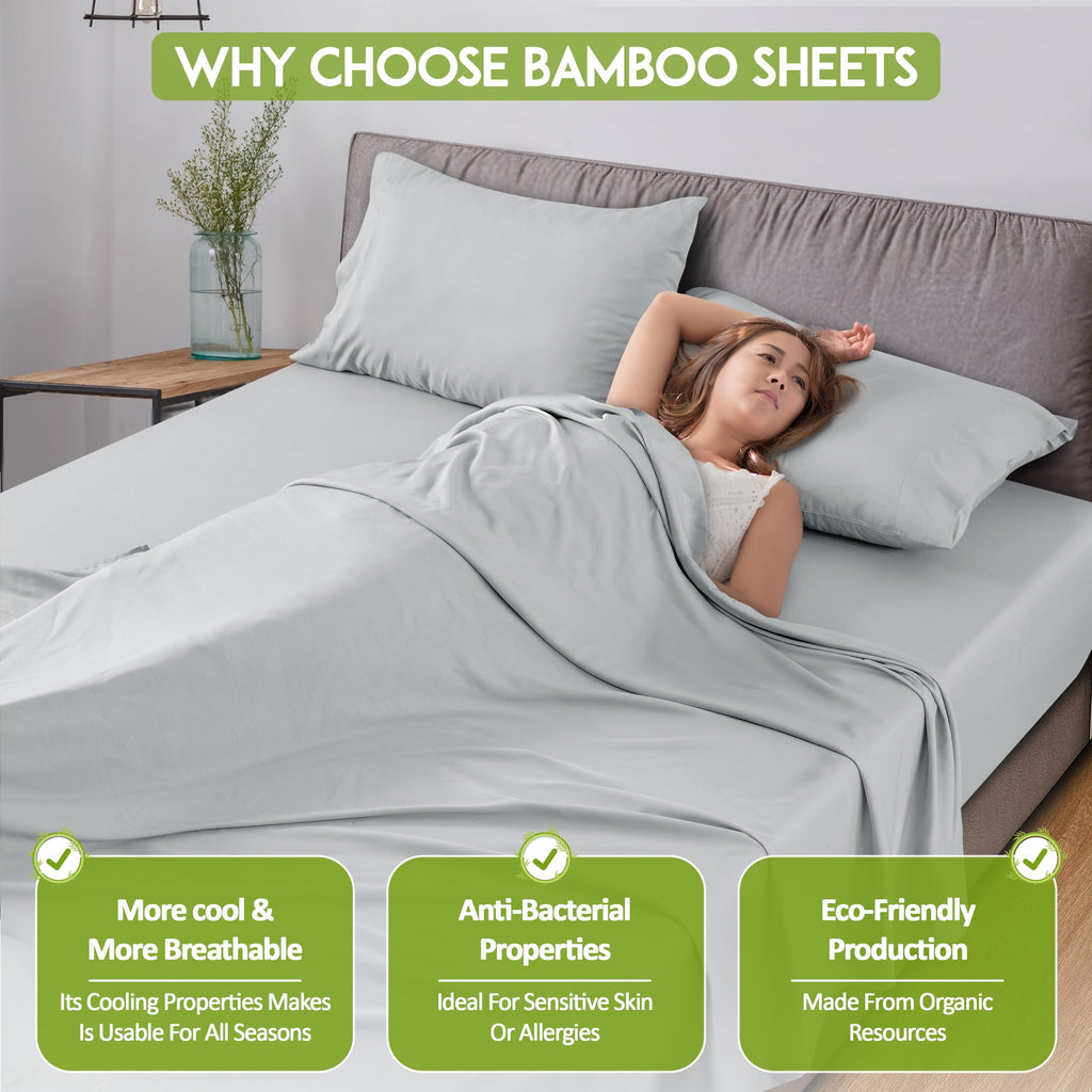 Premium Egyptian Cotton Rayon - 4 Piece Cooling Bed Sheets Set, Gray - Breathable Egyptian Cotton Flat & Fitted Sheets Detail