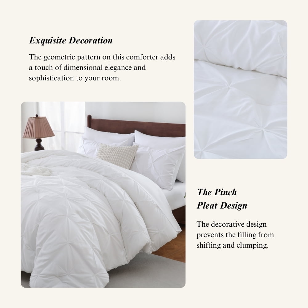 Fluffy Down Alternative 7 Pieces Pinch-Pleated Comforter Set, White Queen Size - Luxurious Quilted Duvet Cover Set Detail