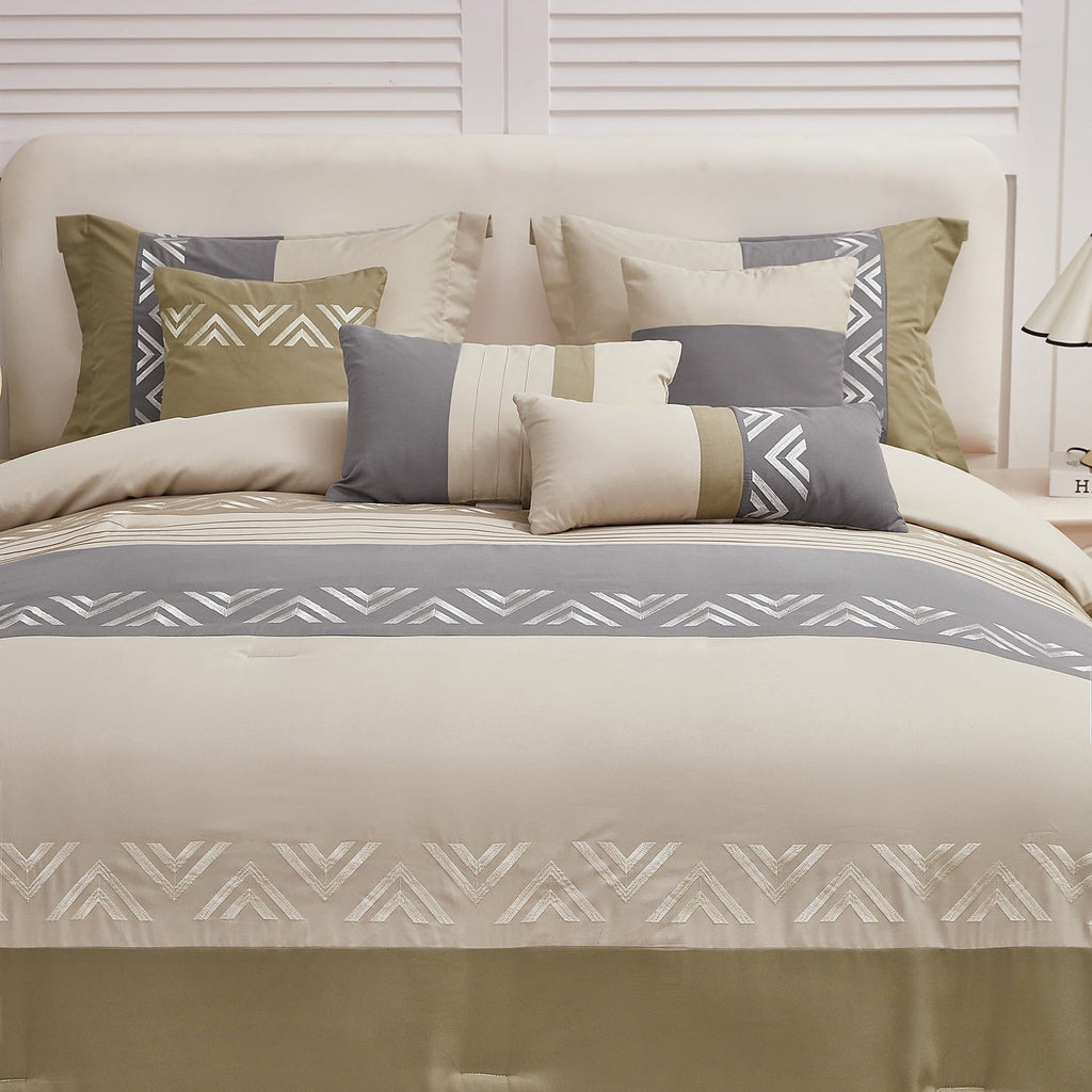 Fluffy Down Alternative 7 Piece Embroidery Design Bed-in-a-Bag, Taupe Queen Size Ultra Soft Comforter Set for Adults - Cloud-Like Soft Lightweight Bed Comforter Detail
