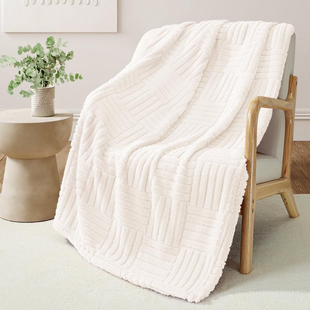 Decorative Knitted Fluffy Fleece Throw Blanket 50"x60" for Couch, Bed, Sofa, Fuzzy Soft Cozy Throw with Decorative Jacquard Pattern for ... - Cozy Fleece Throw Blanket for Couch & Bed Detail