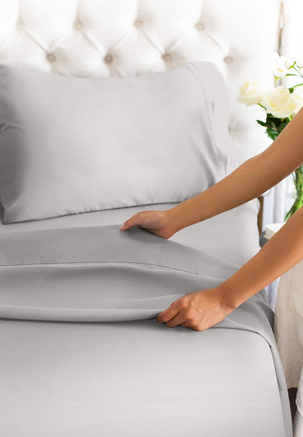 Ultra-Soft 4-Piece 400 Thread Count Cotton Sheet Set - King Size 100% Cotton Sateen Bed Sheets Fits 18"-24" Mattresse... - Premium Ultra-Soft Pillowcase Pair for Sleeping Detail