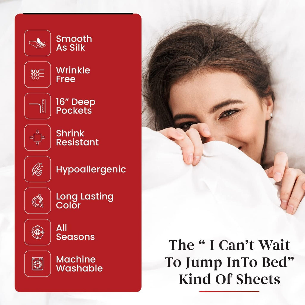Breathable Luxury Sheet Set of 4, 16-inch Deep Pocket - Microfiber Bed Sheets, White - Breathable Egyptian Cotton Flat & Fitted Sheets Detail
