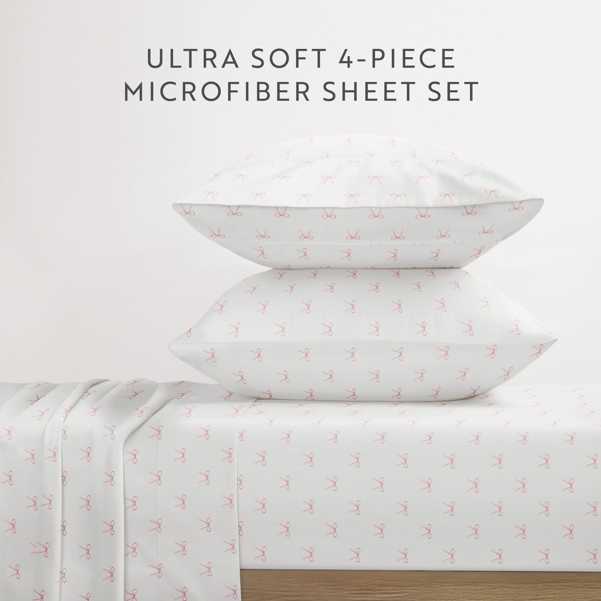 Wrinkle-Resistant 3 Piece Ditsy Pattern Microfiber Bed Sheets, Pink Bows, Twin-XL - Cooling Hotel Quality Bedding Sheets and Pillowcases Detail
