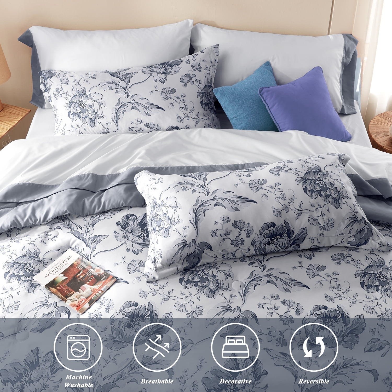 All-Season Queen Comforter Sets,7-Pieces Reversible Bedding Sets,Bed in a Bag with Comforter,Flat Sheet and Fitted Sheet,Pillowc... - Hypoallergenic Ultra-Fluffy Quilt for Winter Detail