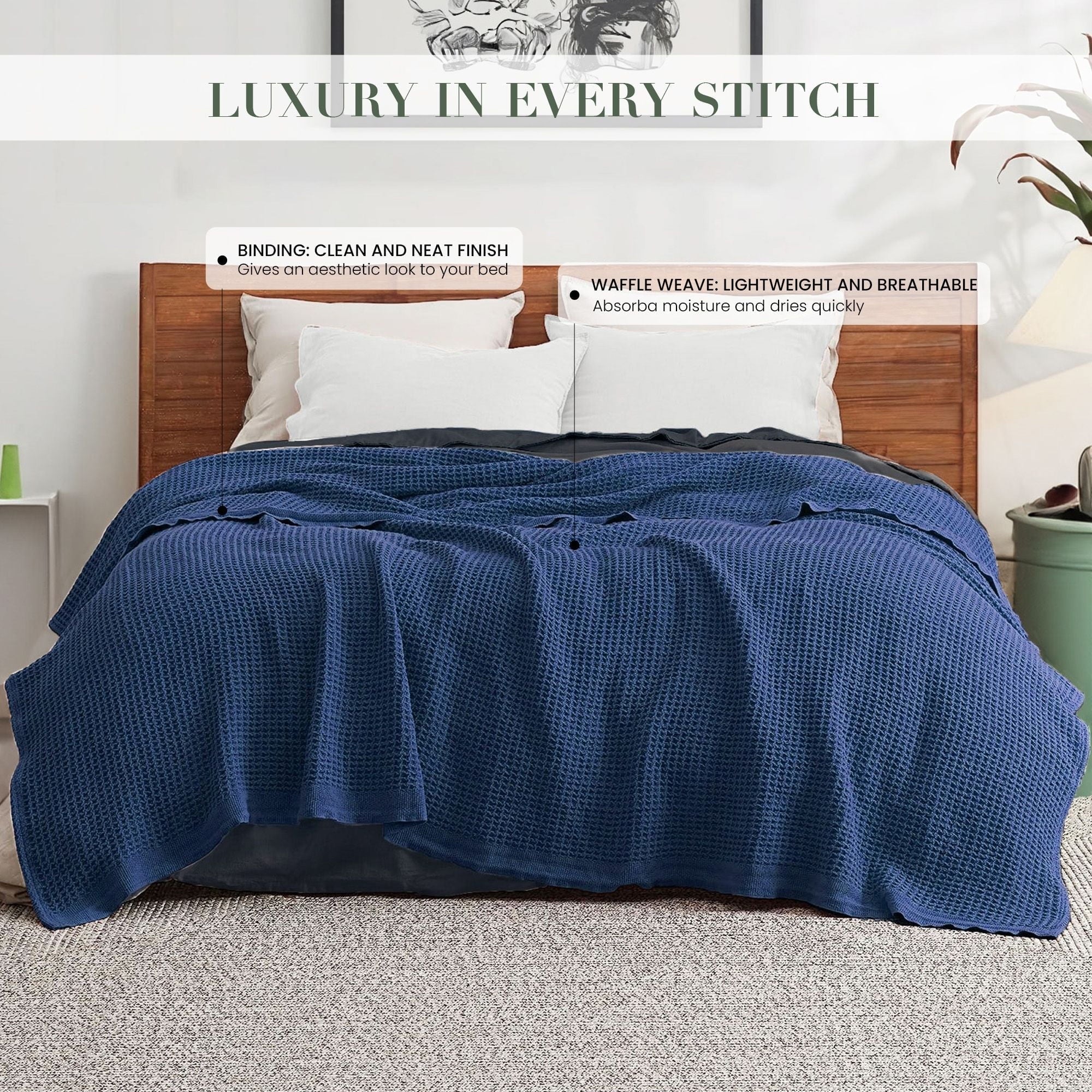 Decorative Knitted Twin Waffle Throw Blanket for Couch (68" x 92"), 100% Cotton Throw Blankets for Bed, Waffle Blanket for Bed (Navy) - Lightweight Plush Warm Blanket for All Seasons Detail