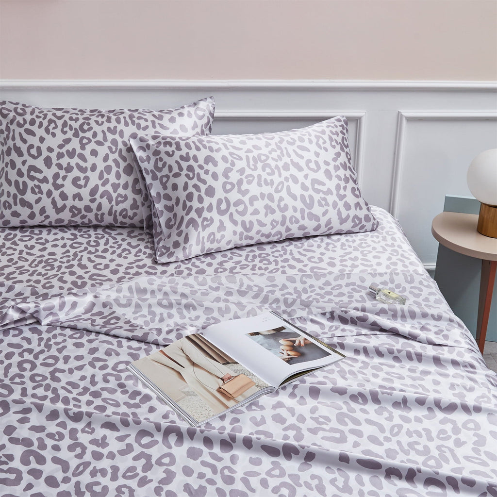 Ultra-Soft Satin Sheets Twin Silk Sheets Silver Leopard Bed Sheet Set Deep Pocket Bed Flat Fitted Sheet, 3-Pieces - Breathable Egyptian Cotton Flat & Fitted Sheets Detail