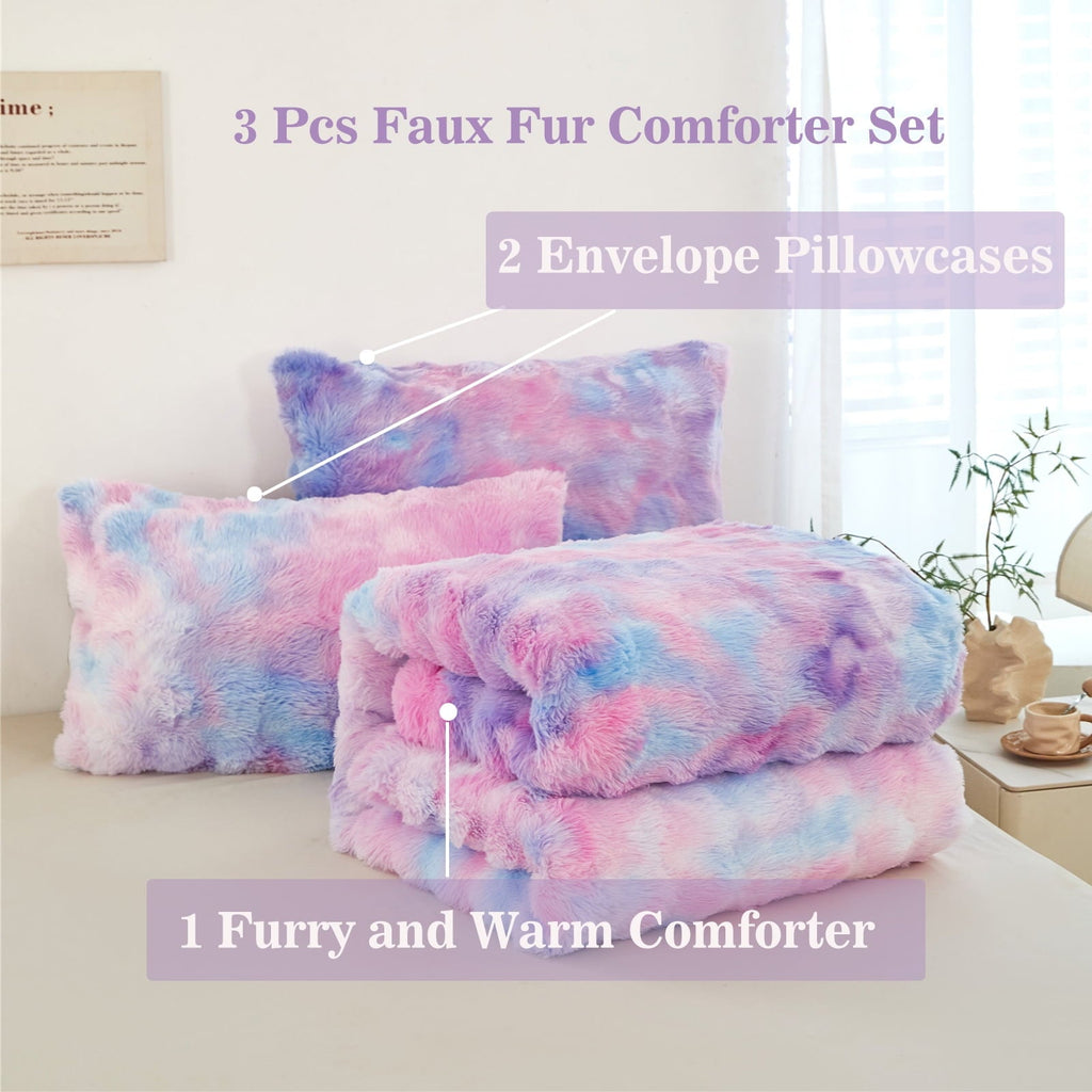 Luxurious Quilted Faux Rabbit Fur Comforter Set Twin 3Pcs Girls Blue Purple Bedding Set Tie-Dyeing Soft Bed Comforter Set Warm Fuzzy Ki... - Luxurious Quilted Duvet Cover Set Detail