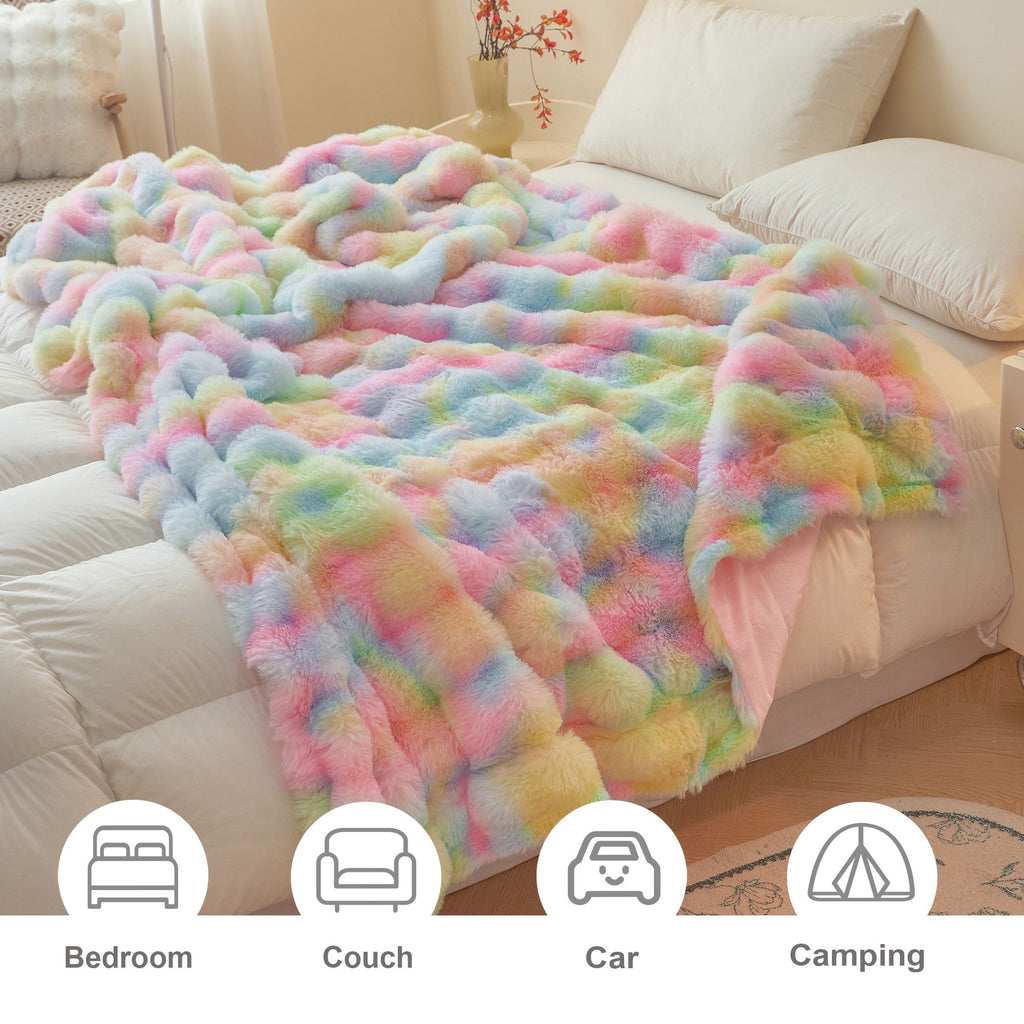 Reversible Sherpa Fluffy Faux Rabbit Fur Bubble Throw, Rainbow Plush Shaggy Blanket for Couch Sofa Chair, Soft Tie Dye Furry Blanket Ad... - Cozy Fleece Throw Blanket for Couch & Bed Detail