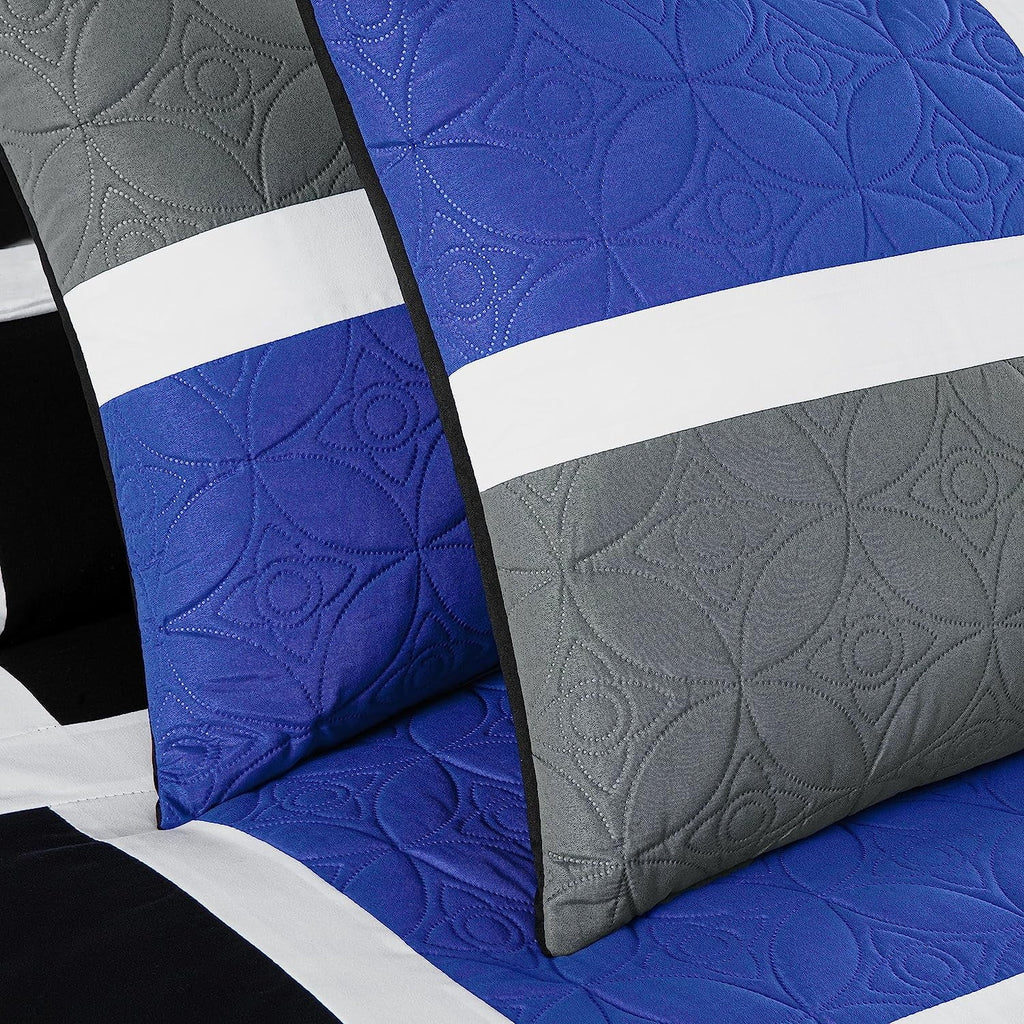 Luxurious Quilted Bernard 7-Piece Full Bed in a Bag Comforter Set with Sheets, Lightweight Comforter Blue Black Gray Patchwork Quilted ... - Cloud-Like Soft Lightweight Bed Comforter Detail