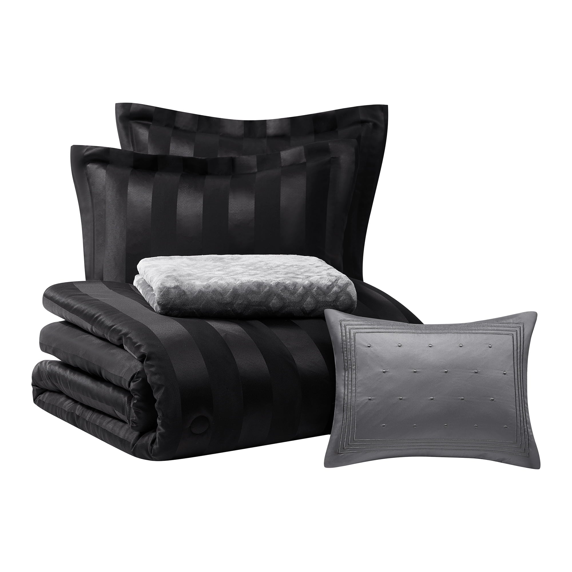 All-Season Rich Black 5 Piece Damask Stripe Comforter Set, King, Adult, Unisex - All-Season Down Alternative Comforter Insert Detail