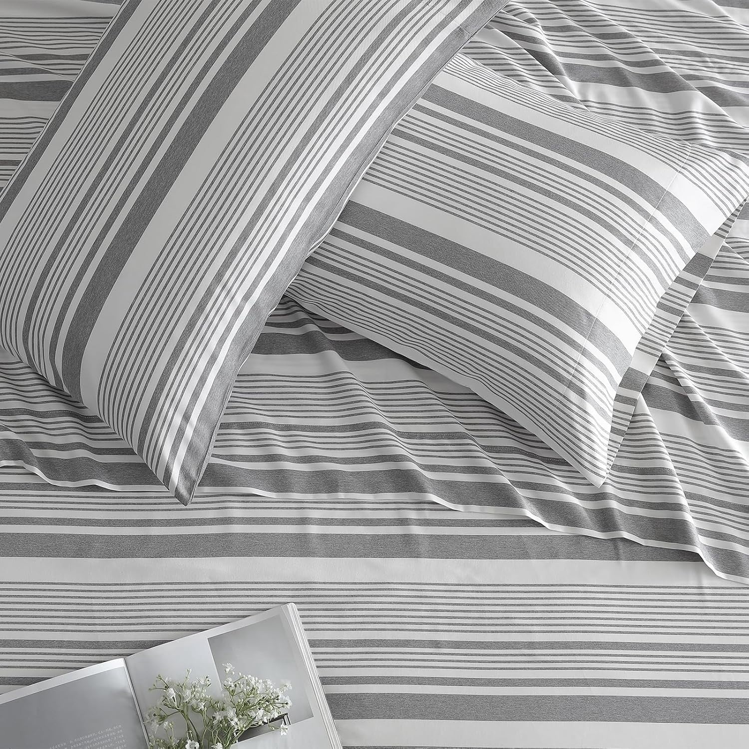 Cooling Sateen Home 3-Piece Twin Microfiber Classic Stripe Bed Sheet Set, Super Soft, Breathable Stripe Bedding with 16 inches Deep ... - Cooling Hotel Quality Bedding Sheets and Pillowcases Detail