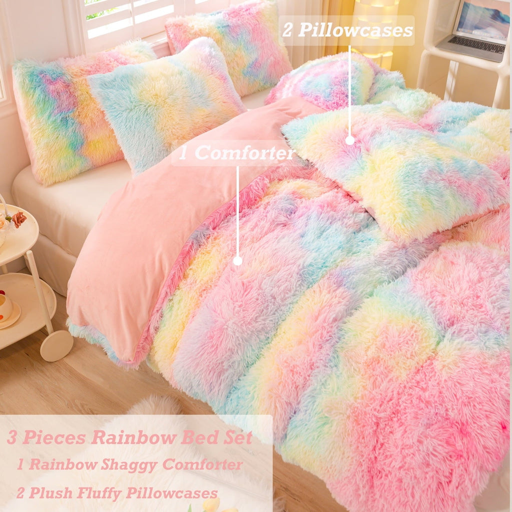 Fluffy Down Alternative 3Pcs Pink Faux Fur Twin Comforter Set for Girls Tie Dye Rainbow Kid Bed Set Plush Shaggy Bedding Sets Fuzzy Bed Comfo... - Hypoallergenic Ultra-Fluffy Quilt for Winter Detail