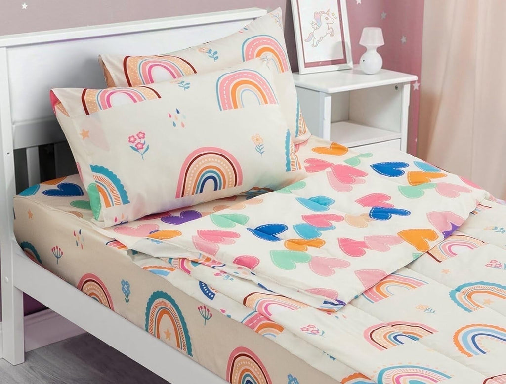 Luxurious Quilted 3-Piece Kids Comforter Set Twin Zipper Bedding for Girls, Rainbow Comforter with Flower Pattern (Beige) - Hypoallergenic Ultra-Fluffy Quilt for Winter - Default Title
