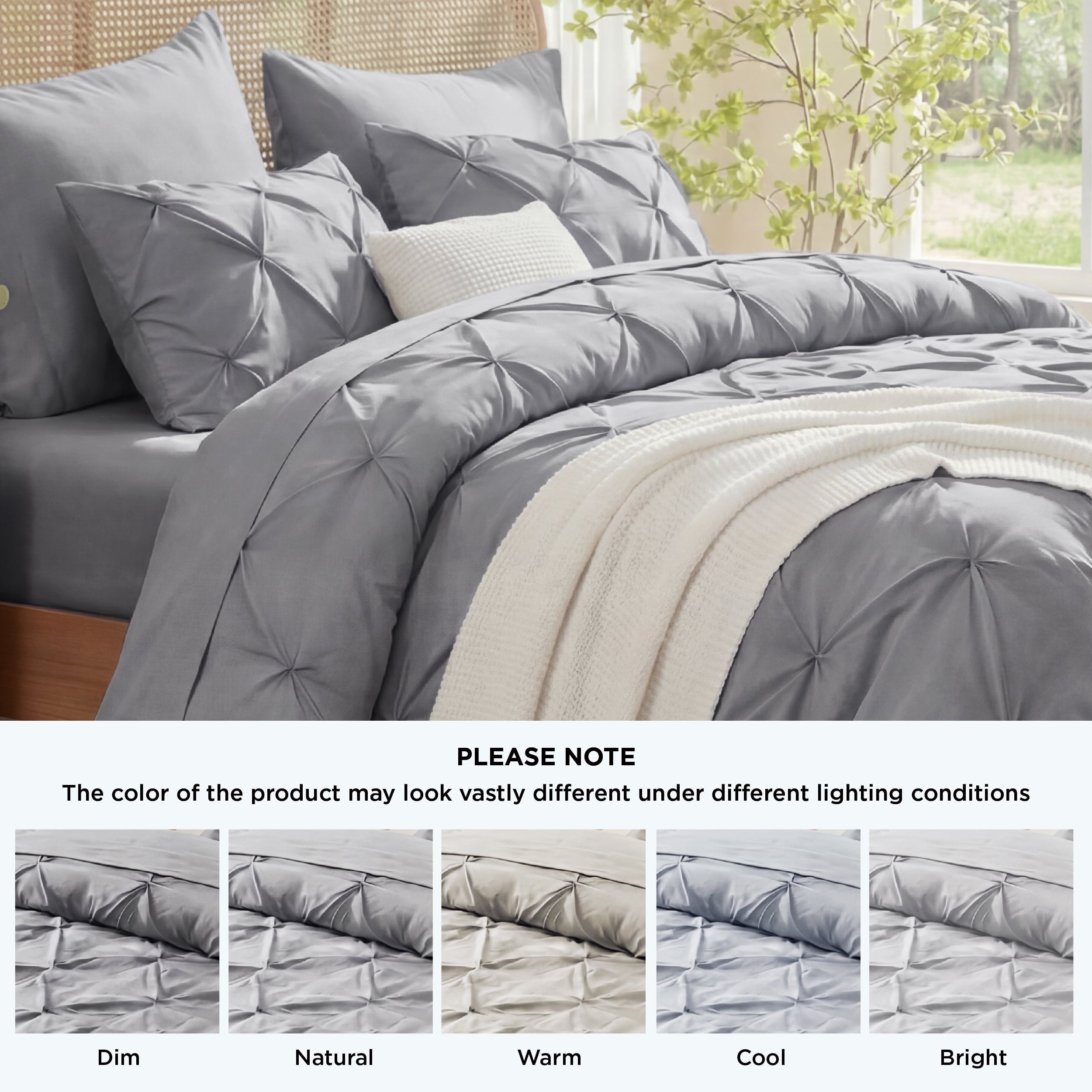 Hypoallergenic Cloud Queen Comforter Set Grey, Bed in a Bag Queen Size Bedding, 7 Pieces Pinch Pleat All Season Comforter - Cloud-Like Soft Lightweight Bed Comforter Detail