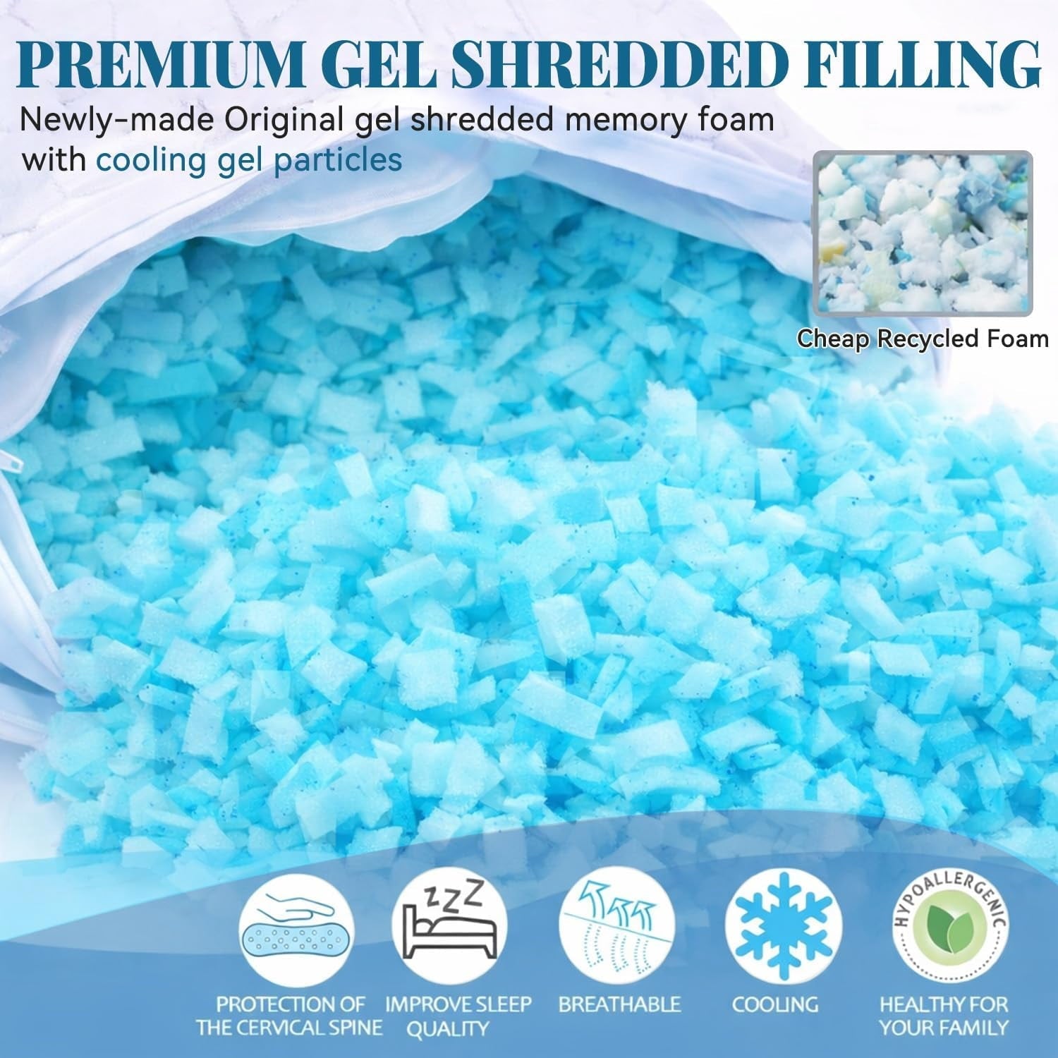 Fluffy Shredded Shredded Memory Foam Pillows for Sleeping, Bed Pillows Queen Size Set of 2 Pack Adjustable for Side and Back Sleeper ... - Orthopedic Shredded Foam Bed Pillow Set Detail